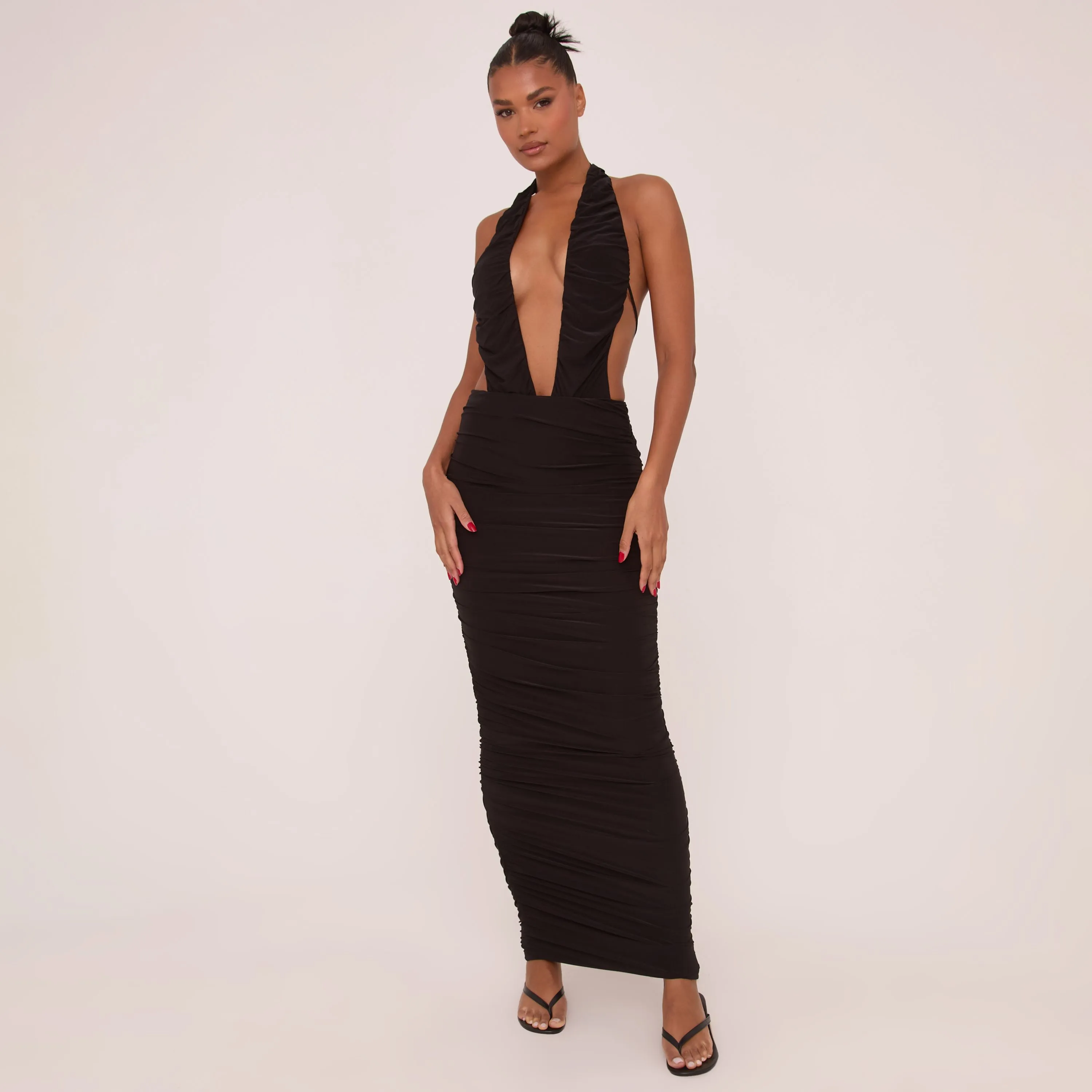 High Waist Double Layer Ruched Maxi Skirt In Black Slinky