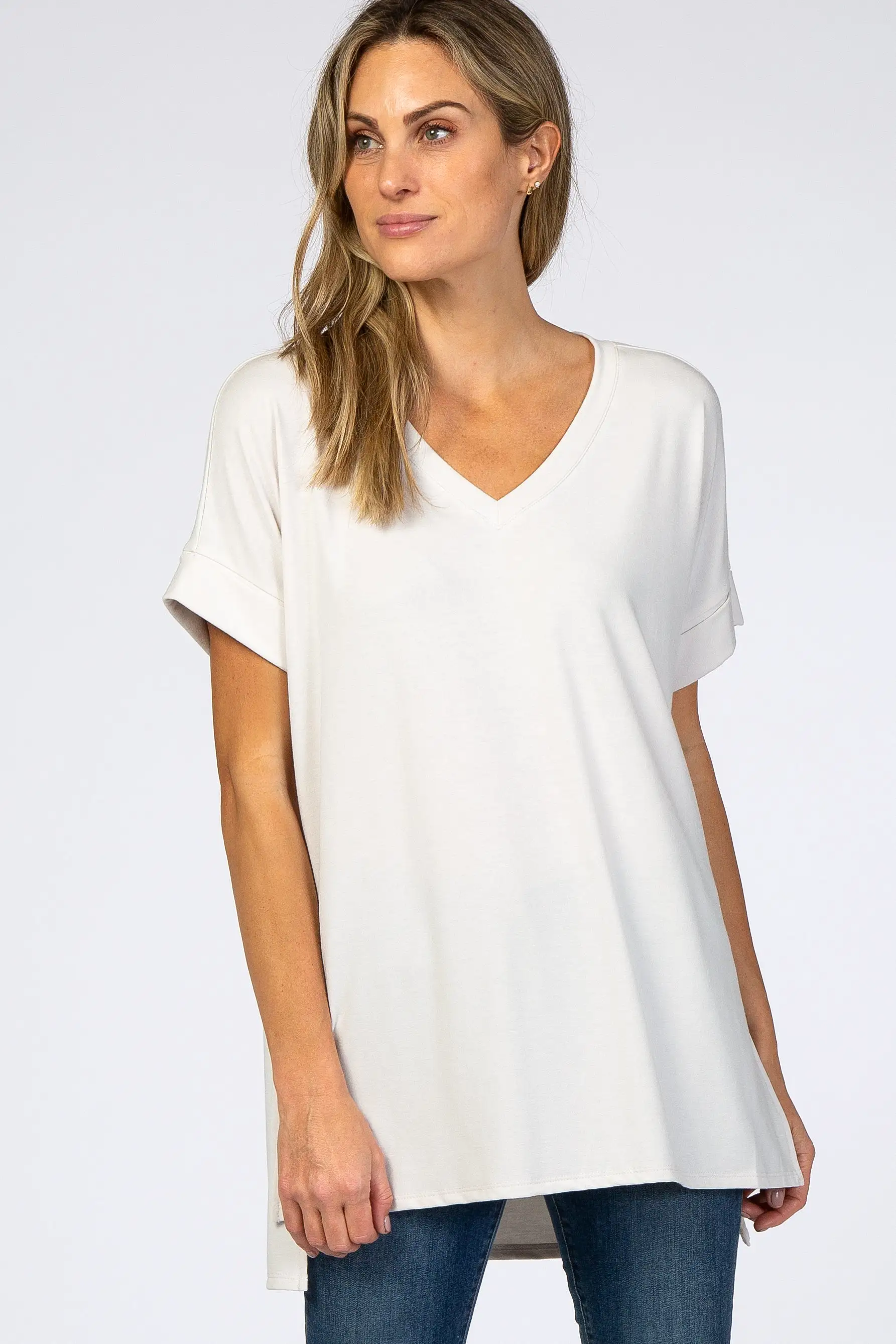 Light Beige V-Neck Cuffed Short Sleeve Maternity Top