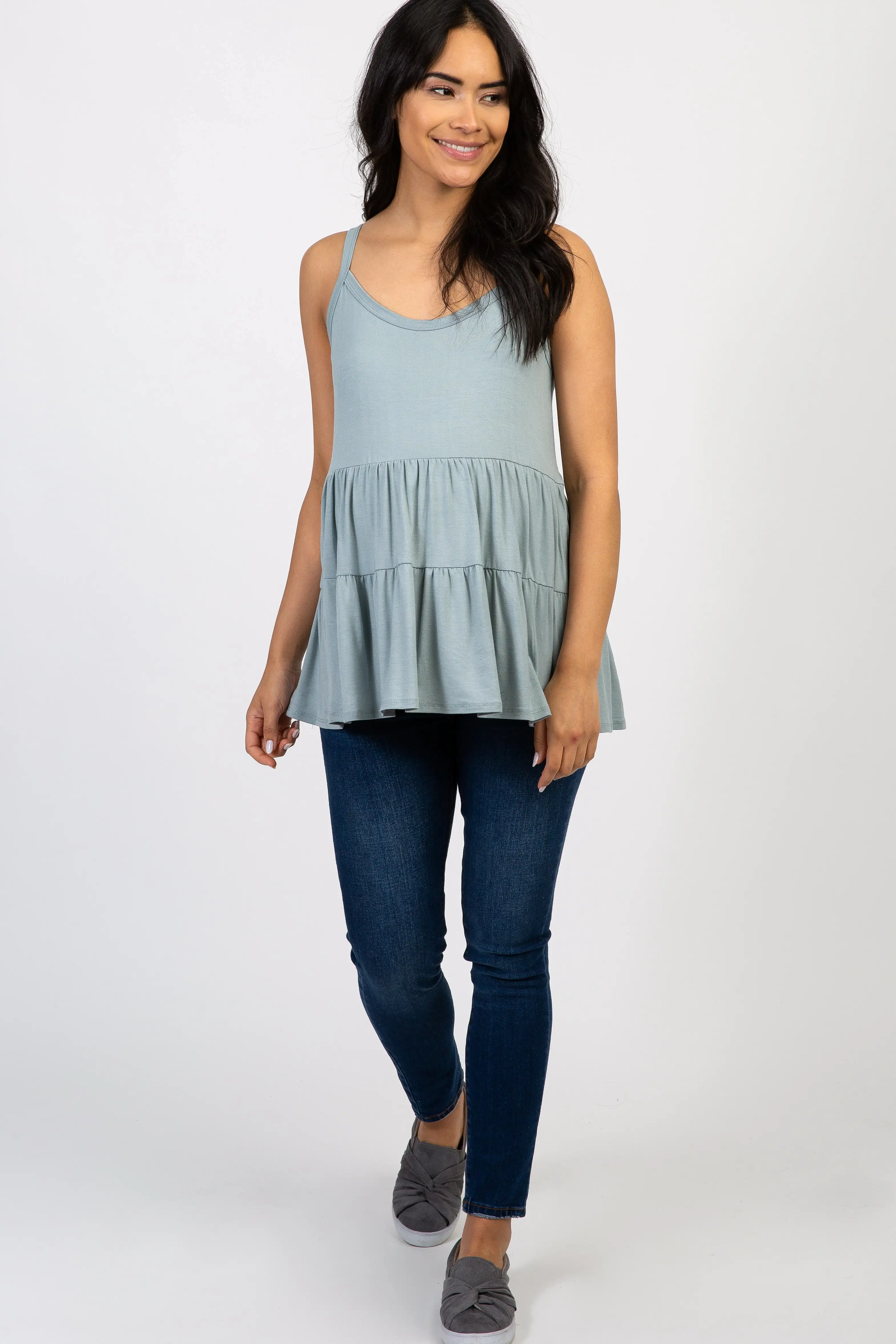 Light Blue Solid Ruffle Peplum Maternity Top