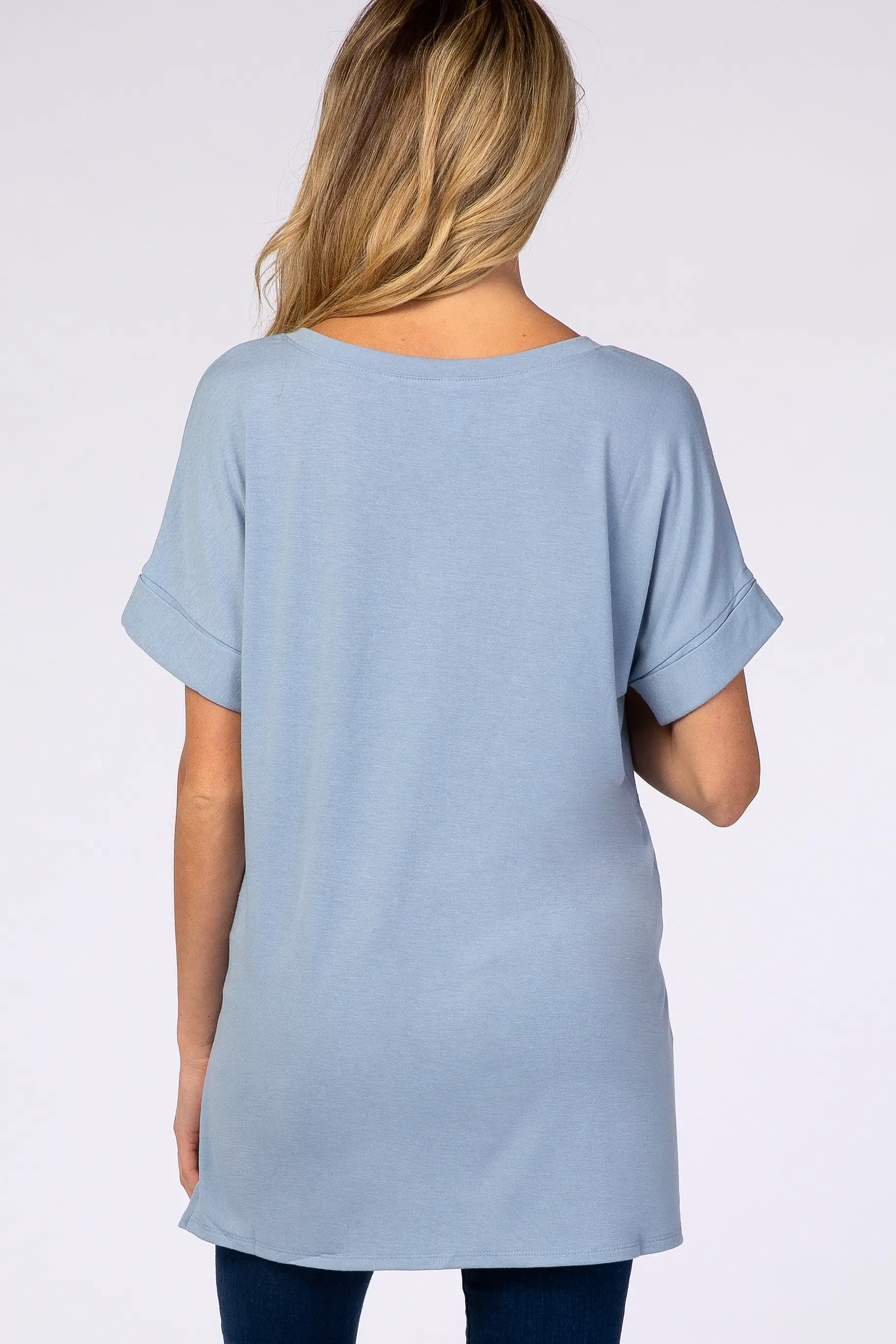 Light Blue V-Neck Cuffed Short Sleeve Maternity Top