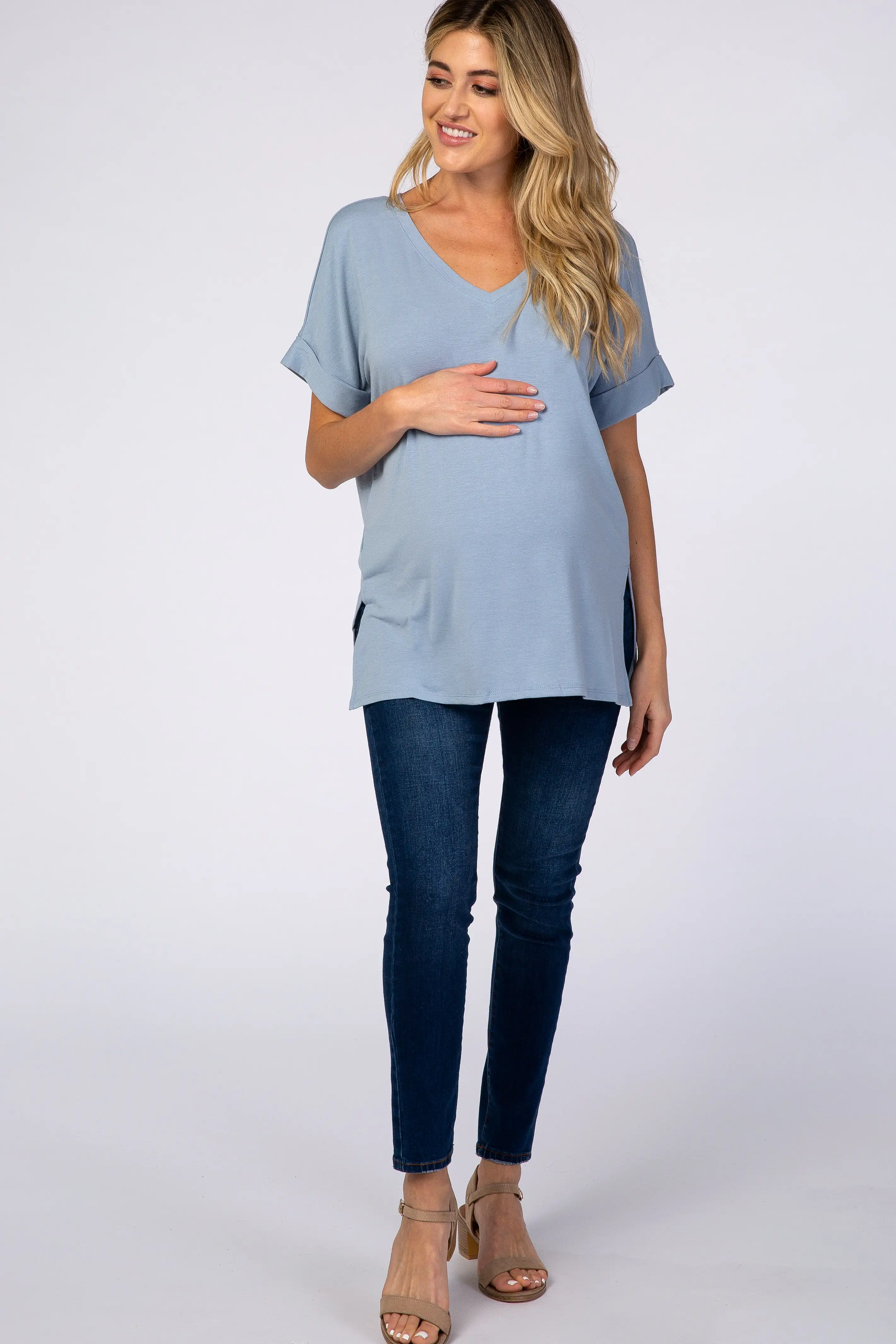 Light Blue V-Neck Cuffed Short Sleeve Maternity Top