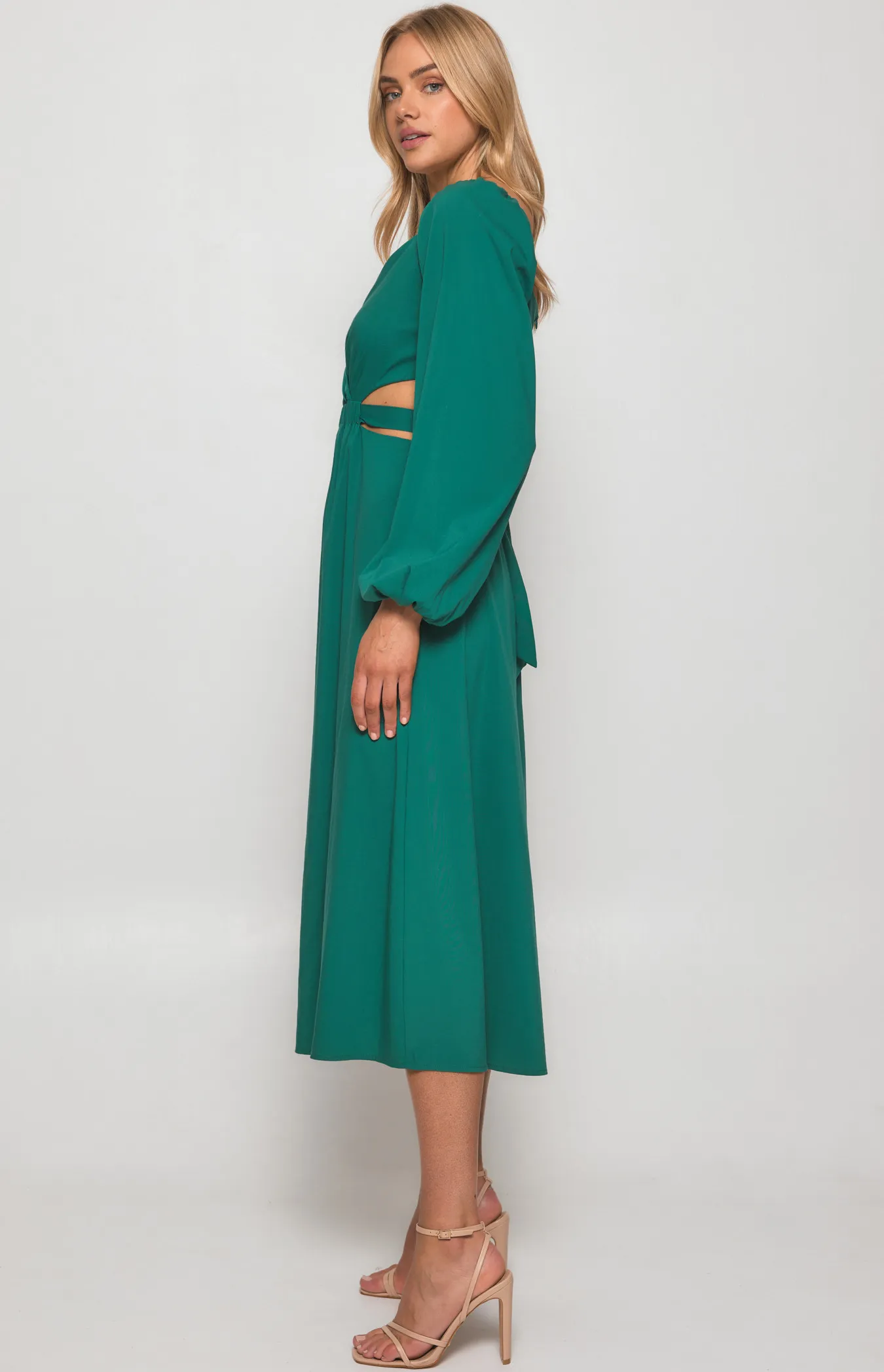 Long Sleeve Maxi Dress with Elastic Cut Out Waist (WDR451B)