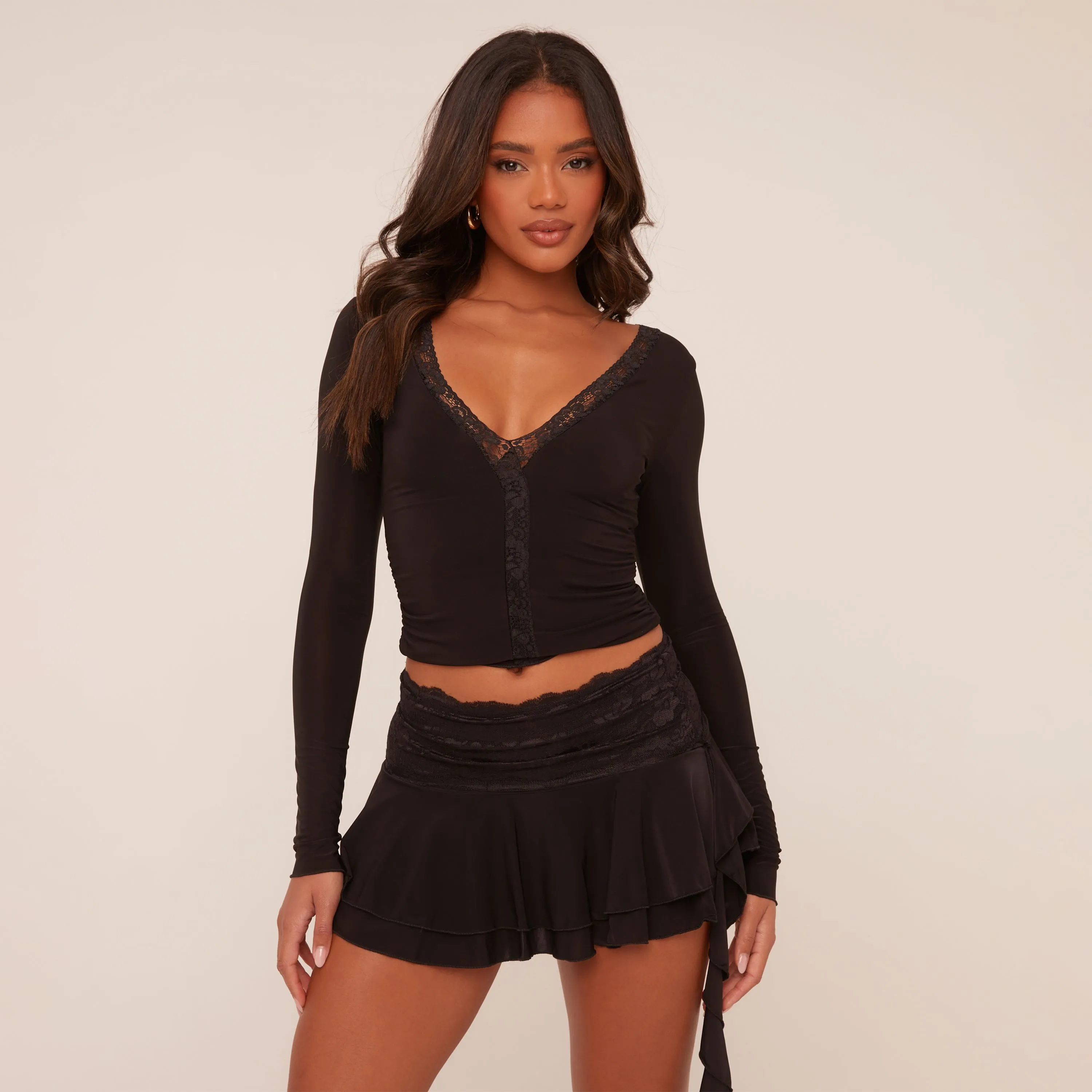 Low Rise Lace Trim Frill Detail Mini Bodycon Skirt In Black Slinky