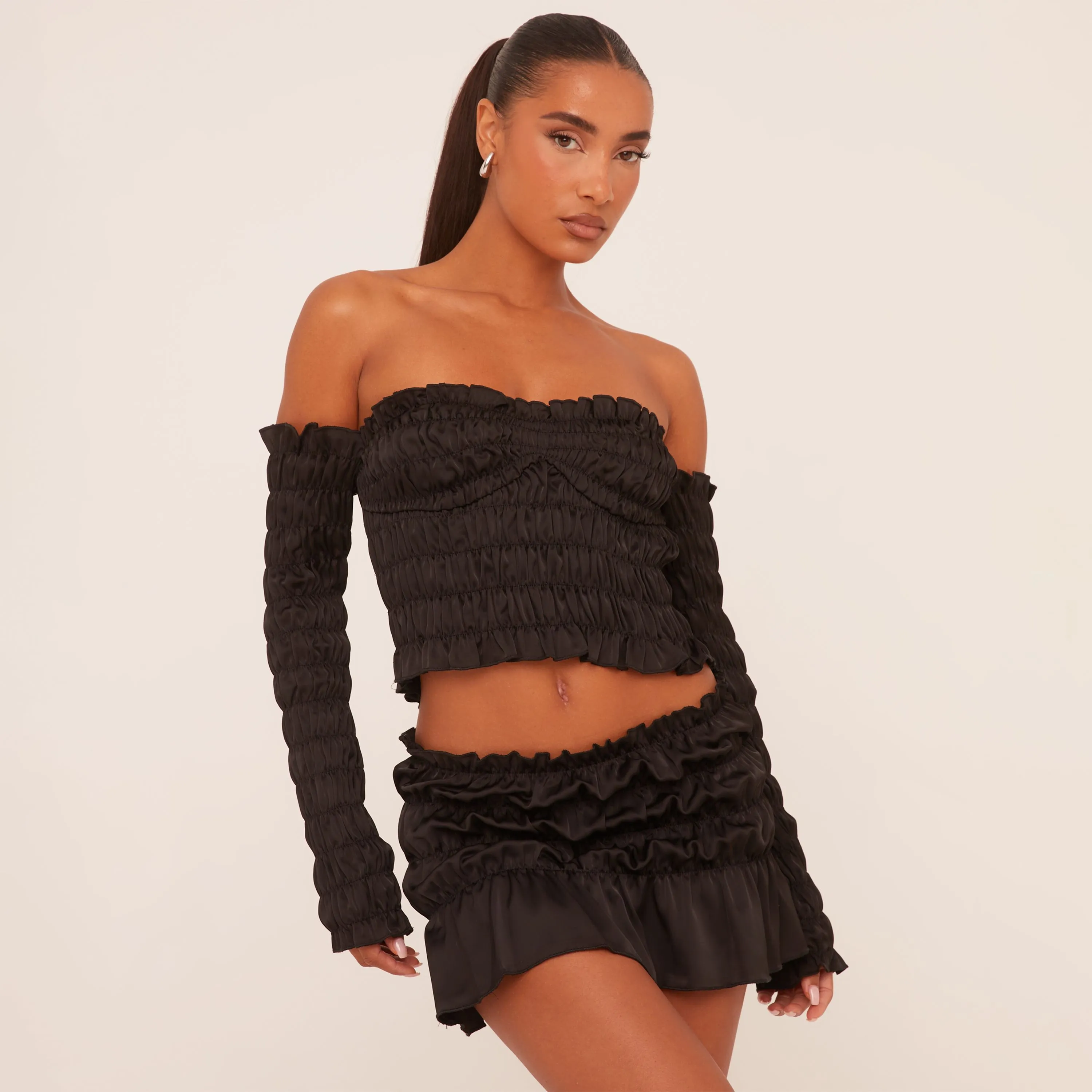 Low Rise Shirred Ruched Mini Skirt In Black Soft Woven