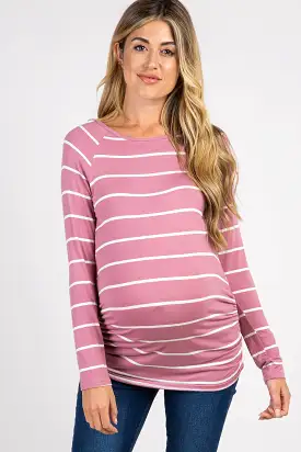 Mauve Striped Ruched Maternity Top