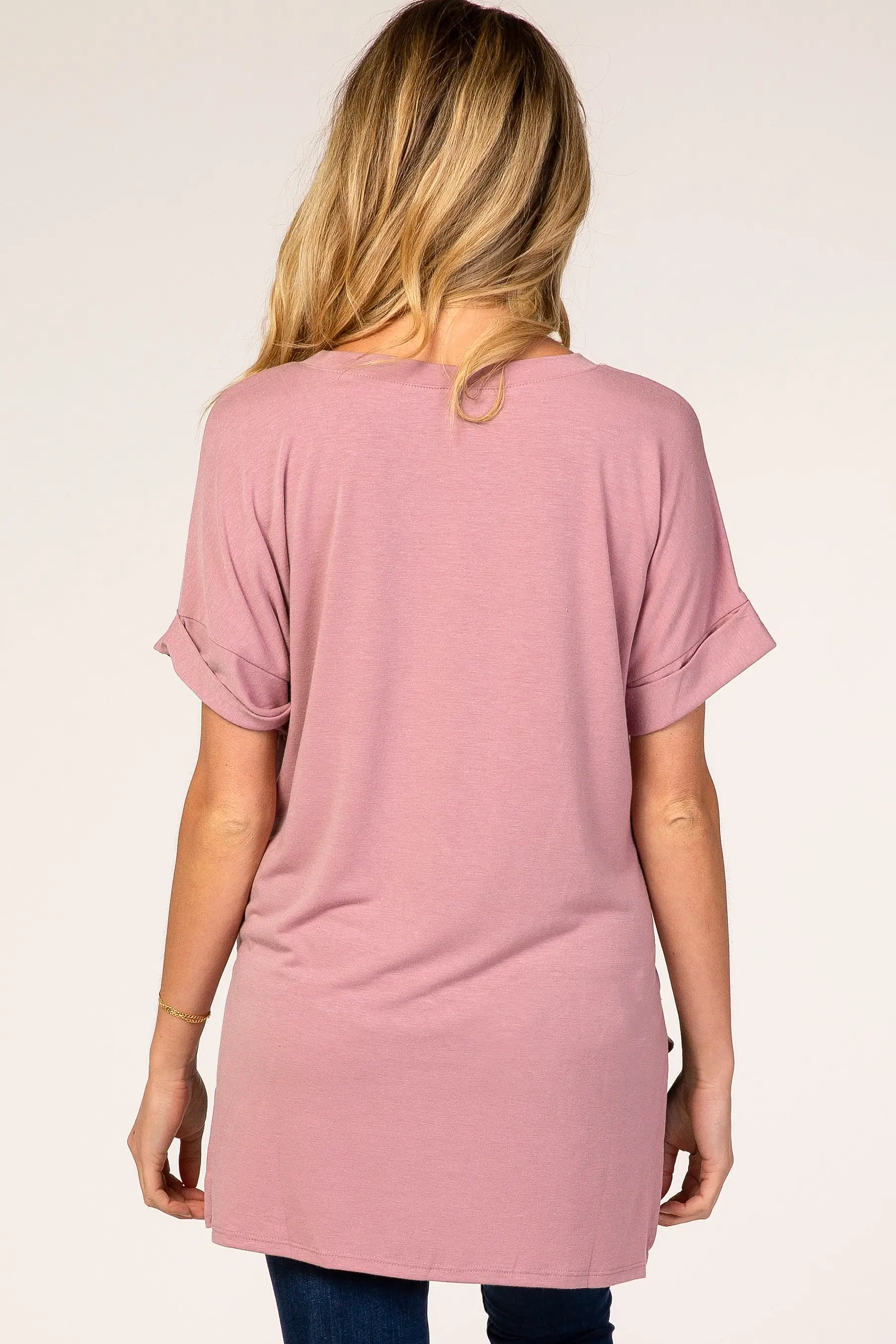 Mauve V-Neck Cuffed Short Sleeve Maternity Top