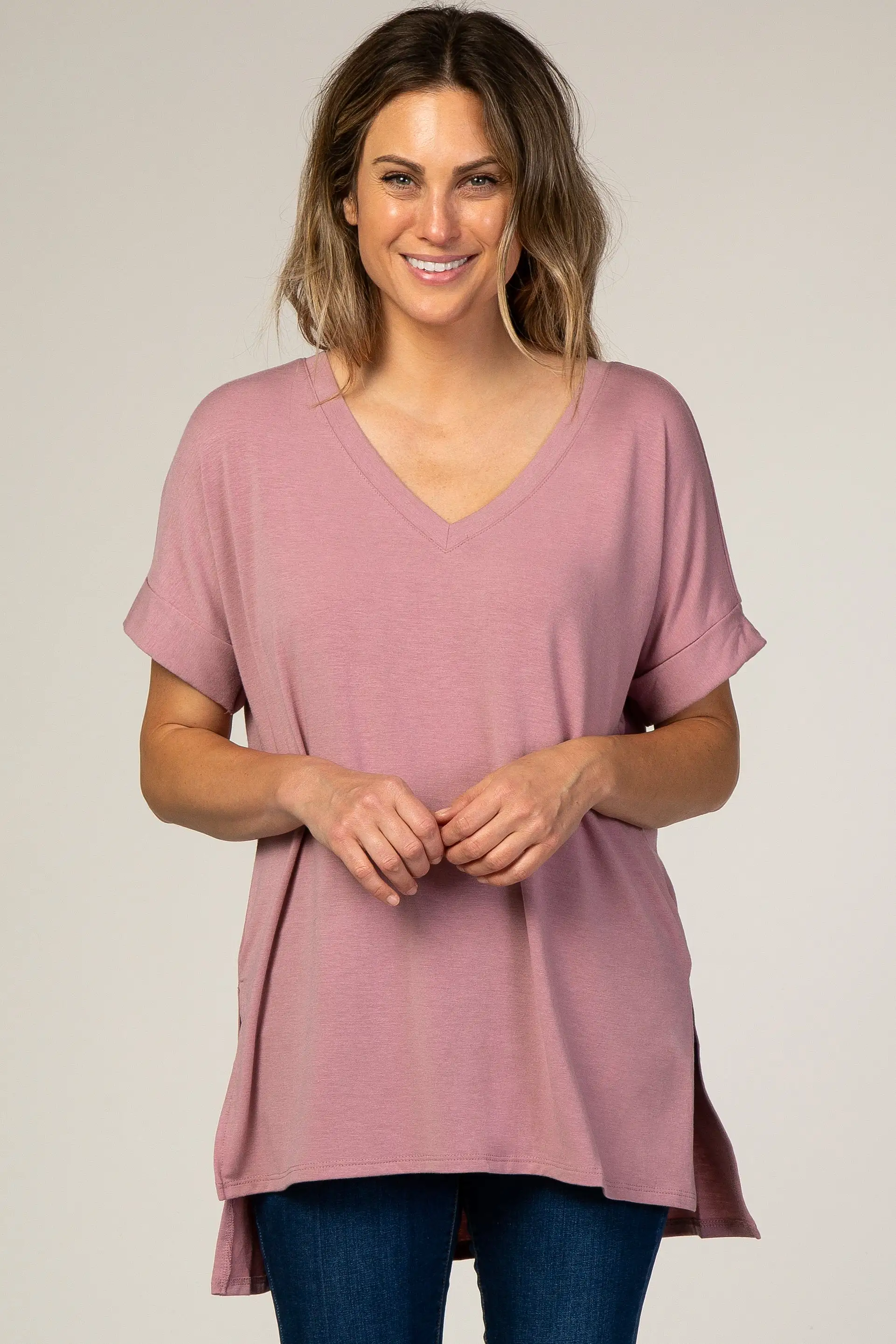 Mauve V-Neck Cuffed Short Sleeve Maternity Top