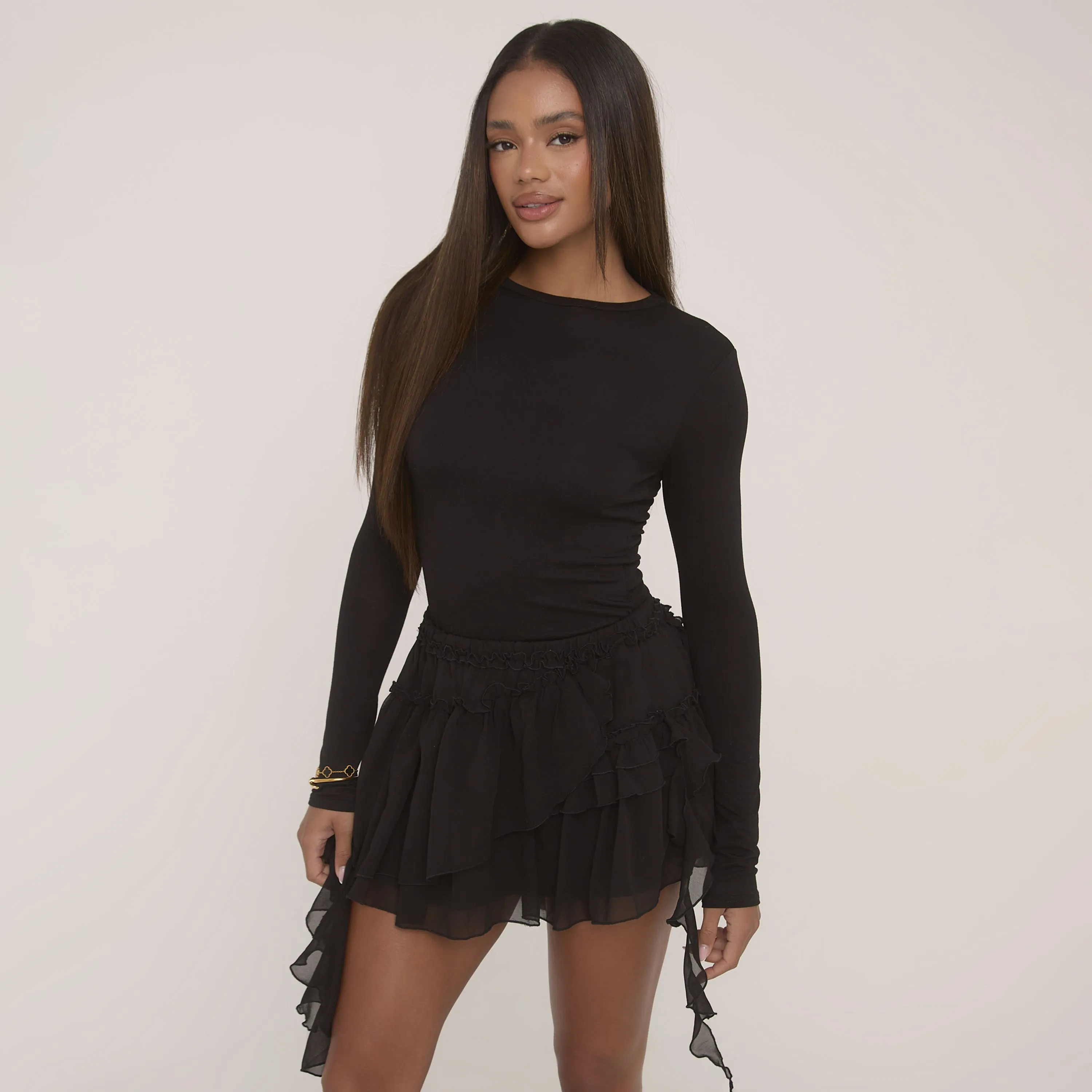 Mid Rise Frill Detail Distressed Mini Skirt In Black Mesh