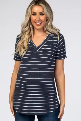 Navy Blue Striped V-Neck Maternity Top