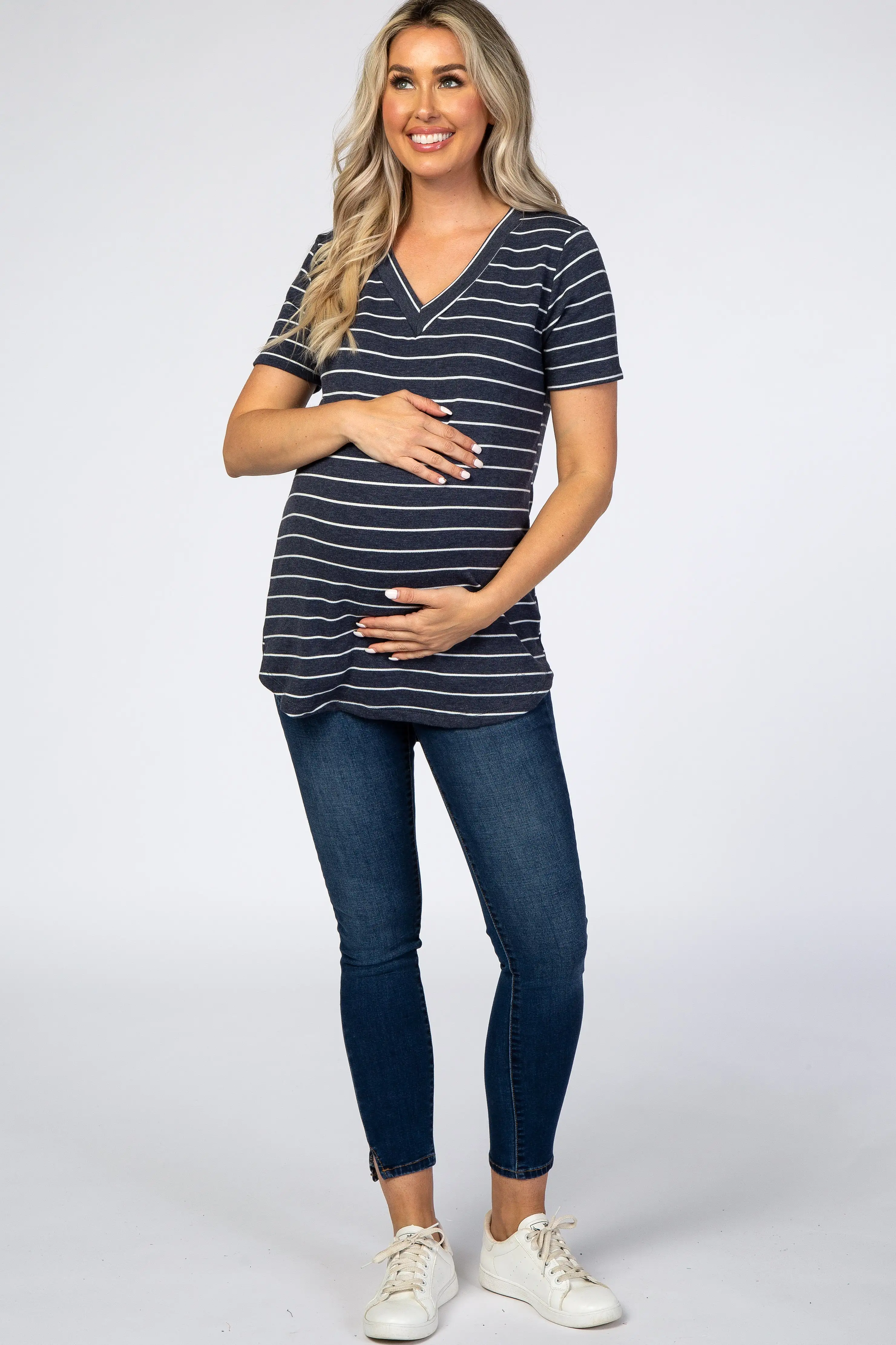 Navy Blue Striped V-Neck Maternity Top