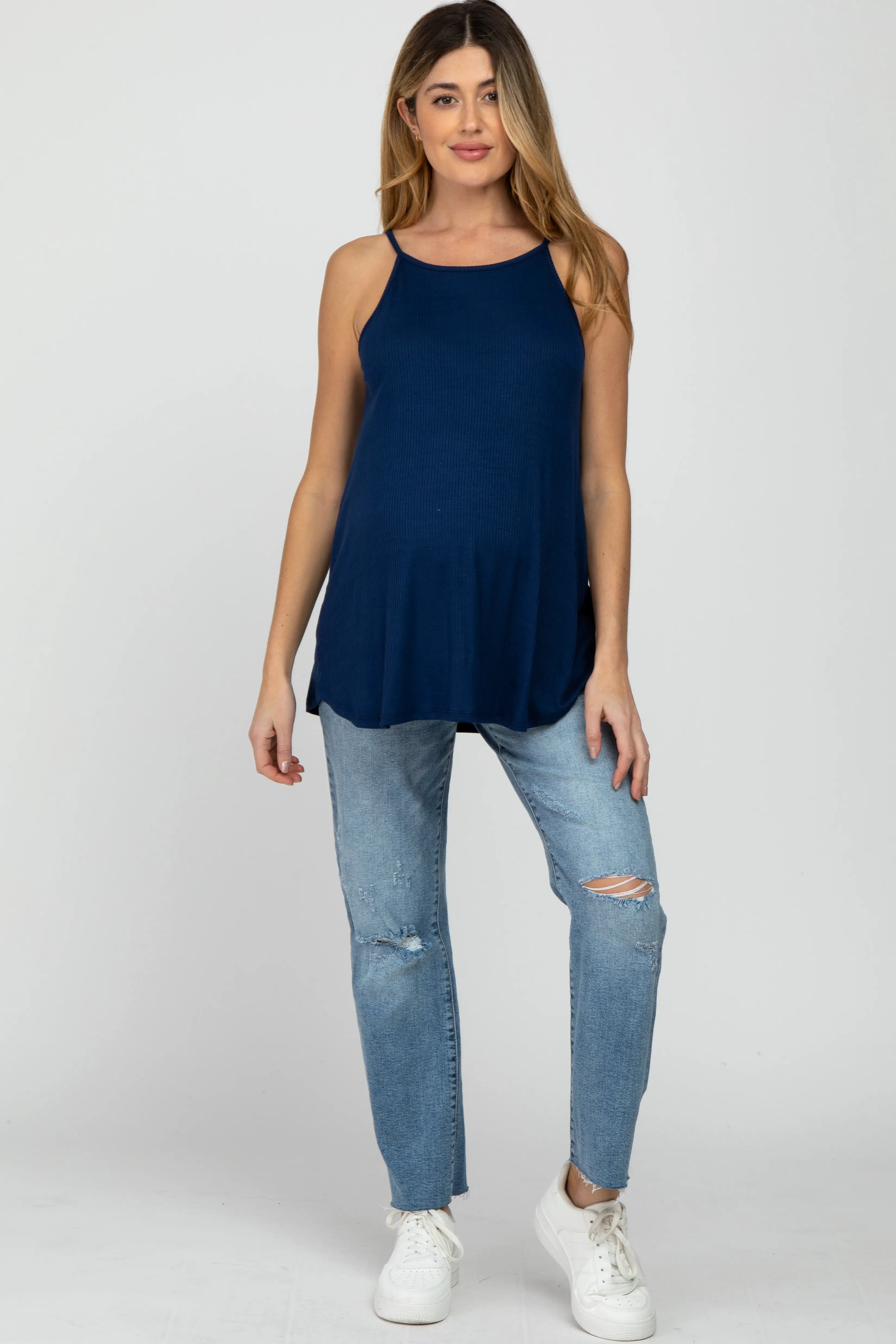 Navy Ribbed Sleeveless Maternity Top