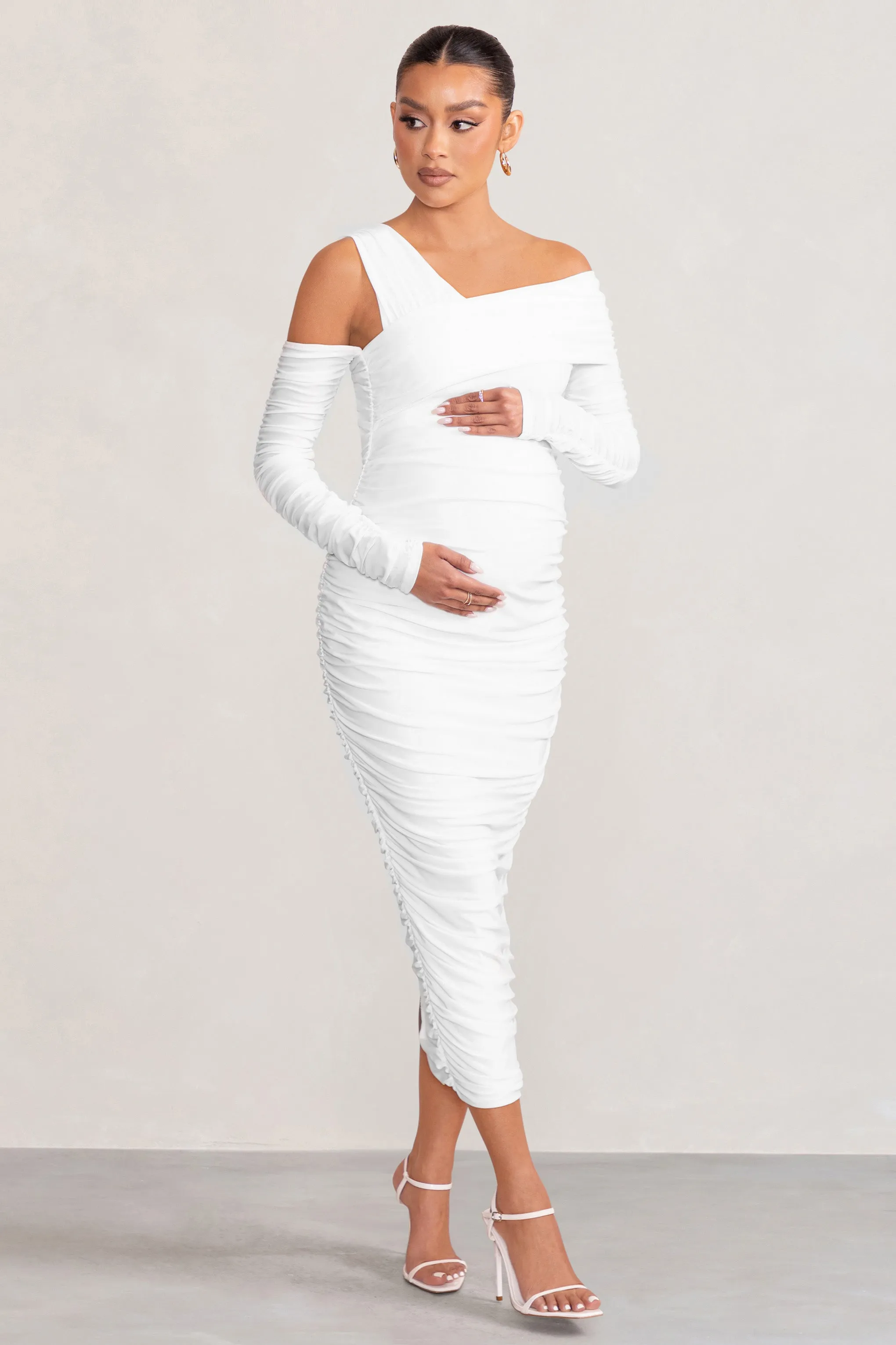 Neile | White Asymmetric Bardot Maternity Midi Dress with Sleeves