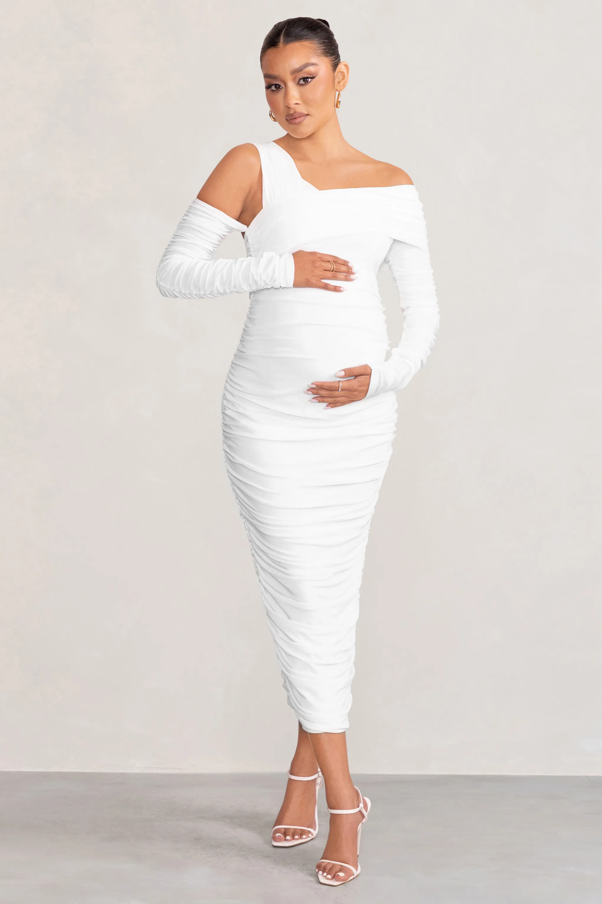 Neile | White Asymmetric Bardot Maternity Midi Dress with Sleeves