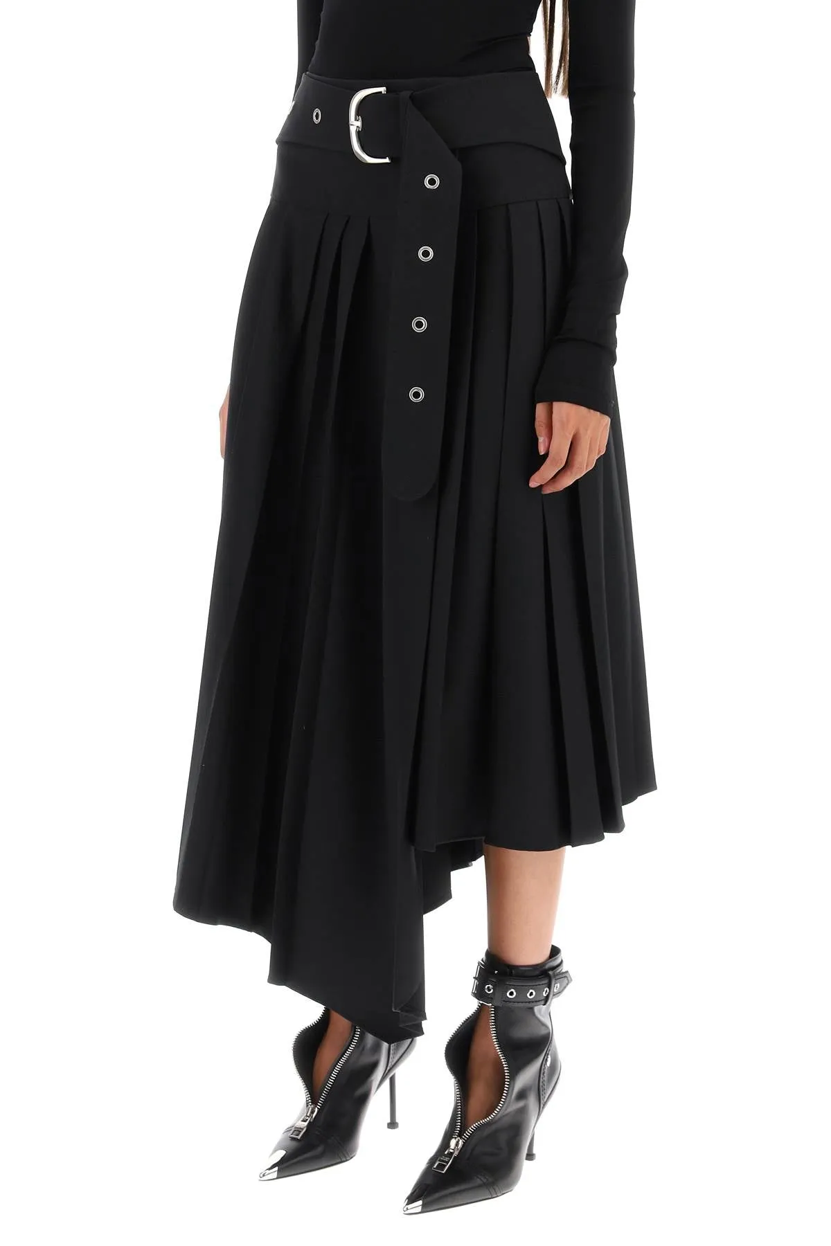 Off White Belted Tech Drill Pleated Skirt   Black