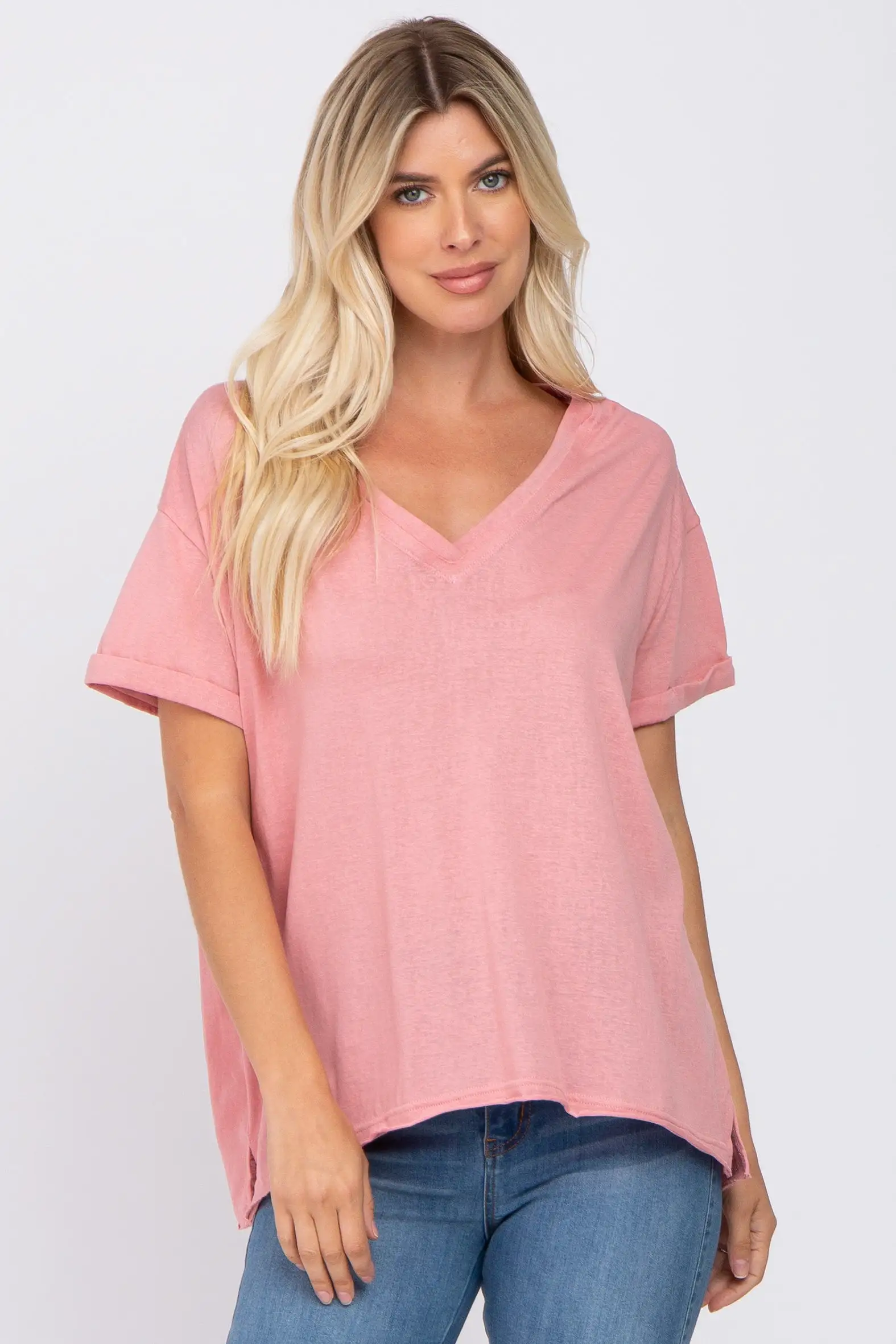 Pink Basic Rolled Short Sleeve Maternity Top