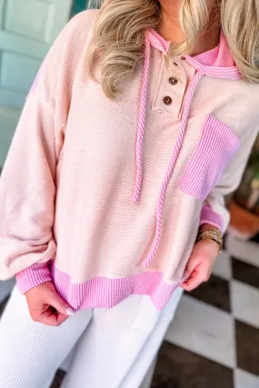 Pink Corded Colorblock Patchwork Hoodie in CURVY ONLY