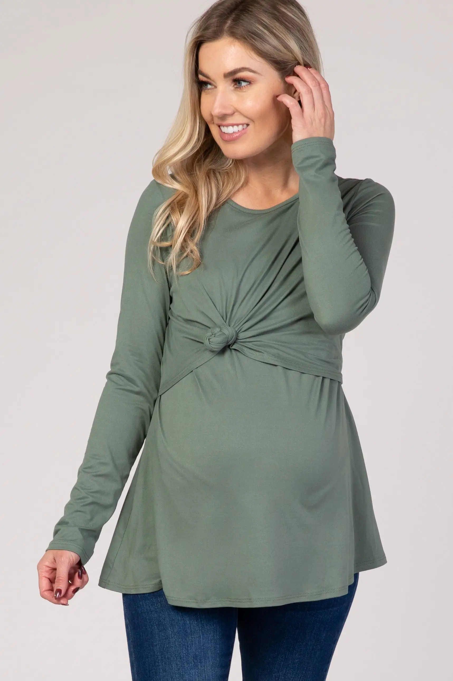 PinkBlush Olive Front Knot Long Sleeve Maternity Nursing Top