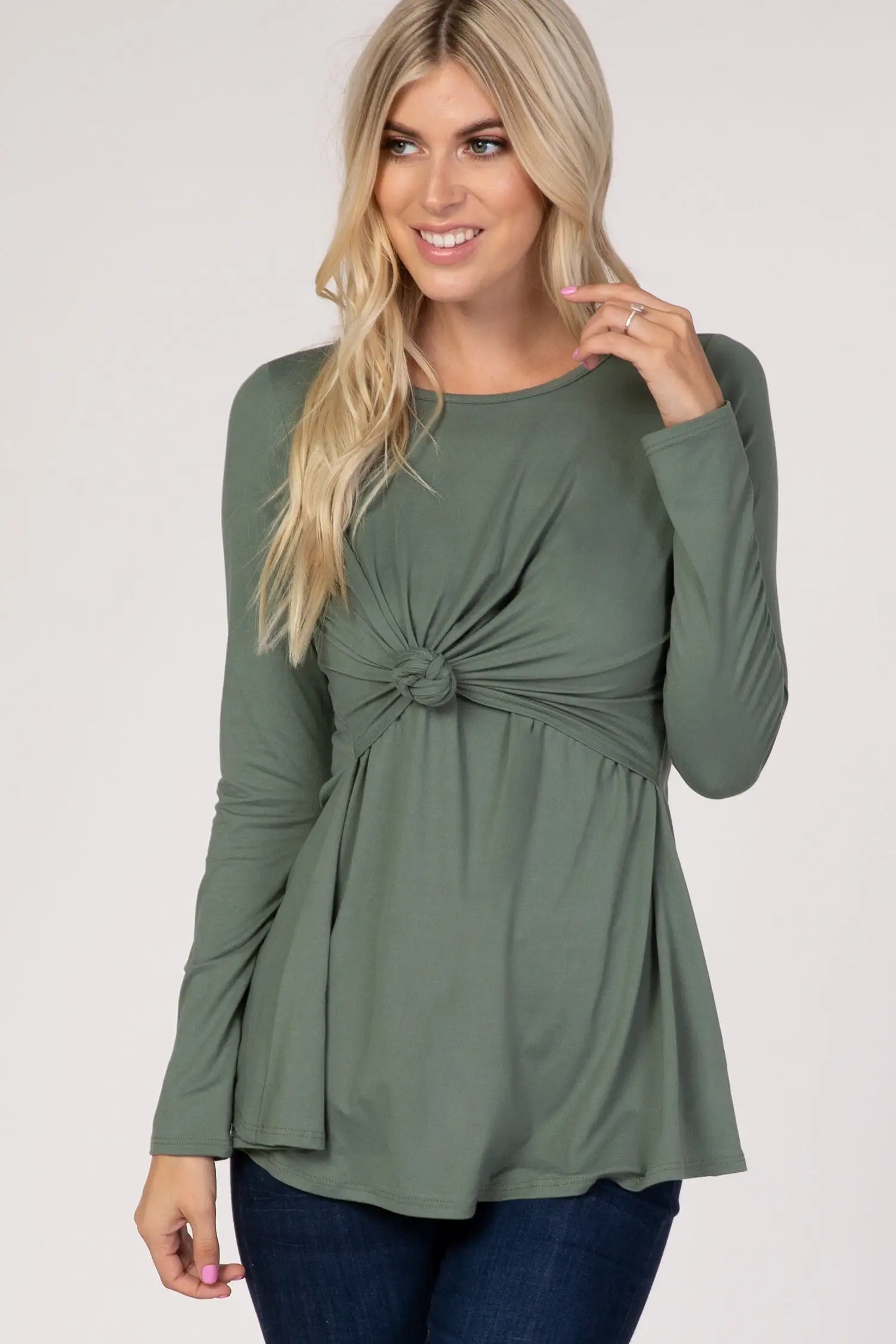 PinkBlush Olive Front Knot Long Sleeve Maternity Nursing Top