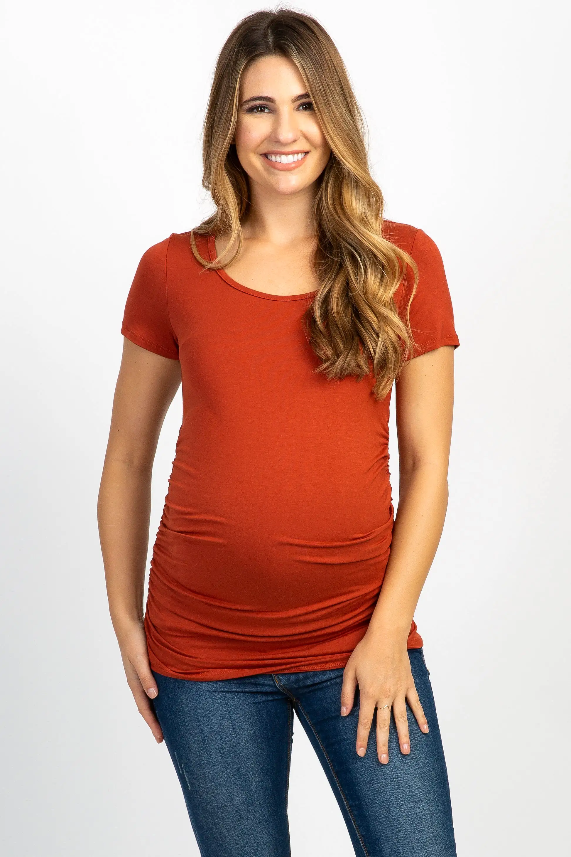 PinkBlush Rust Ruched Short Sleeve Maternity Top