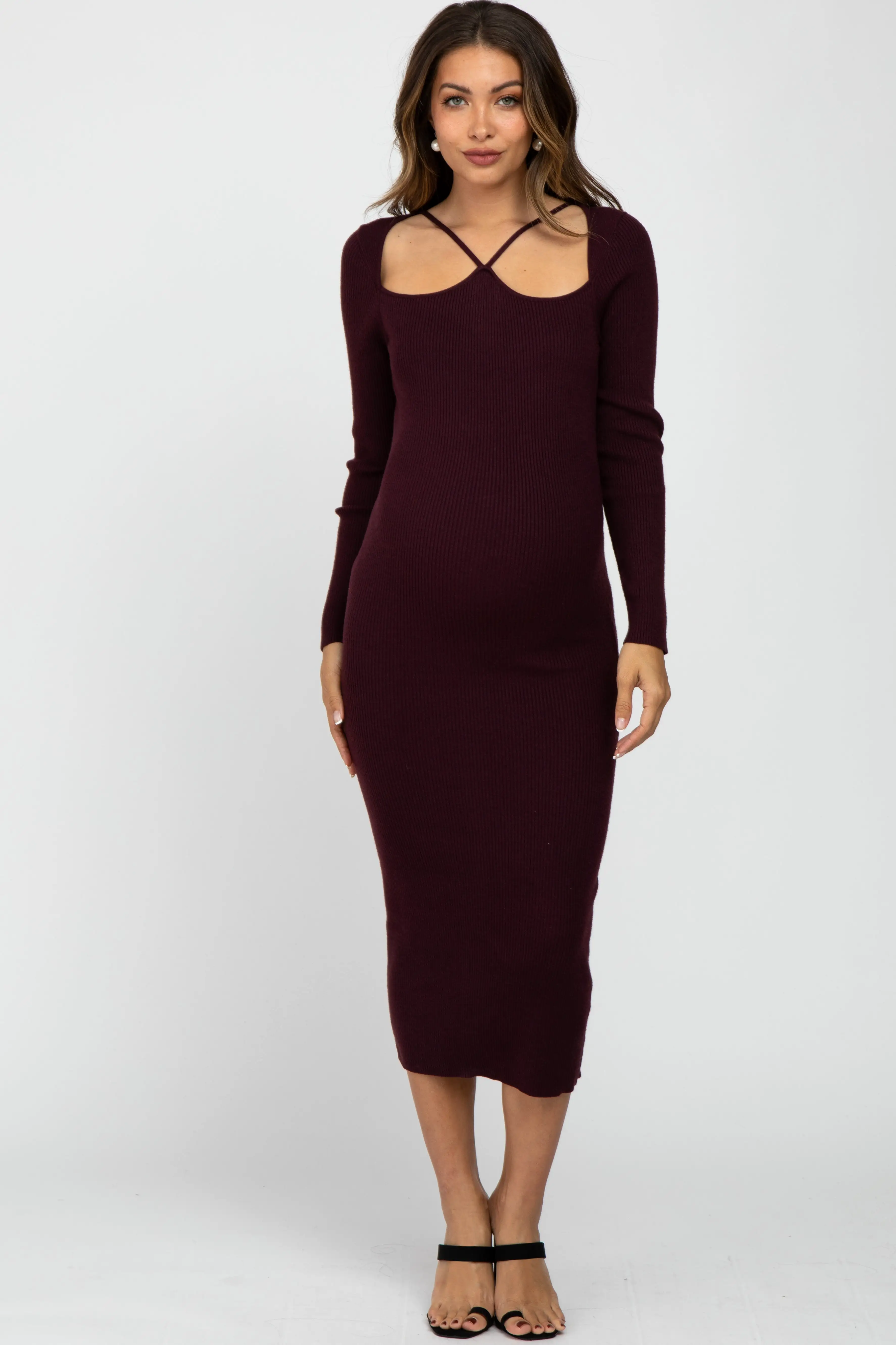 Plum Ribbed Strap Front Cutout Maternity Midi Dress