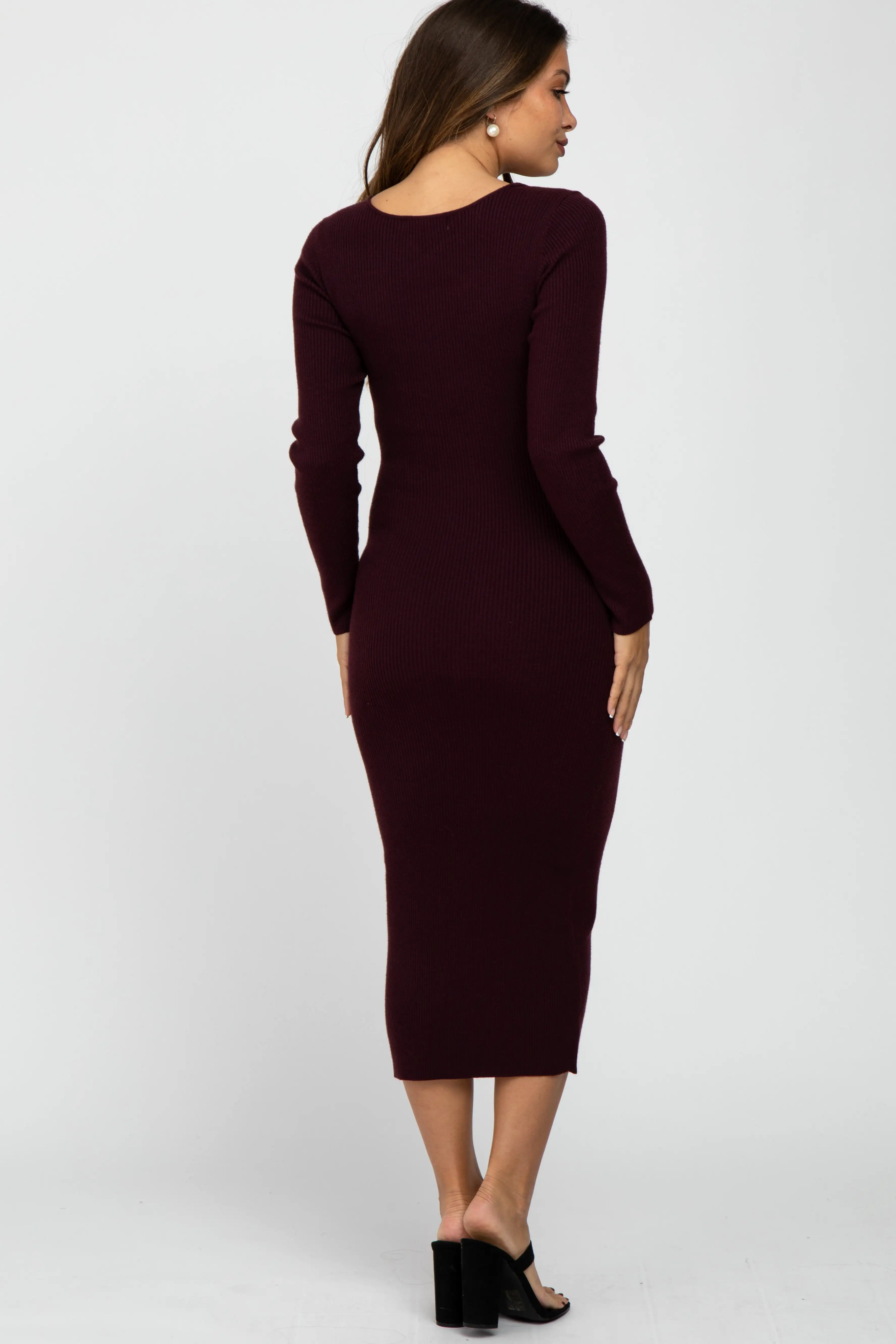 Plum Ribbed Strap Front Cutout Maternity Midi Dress