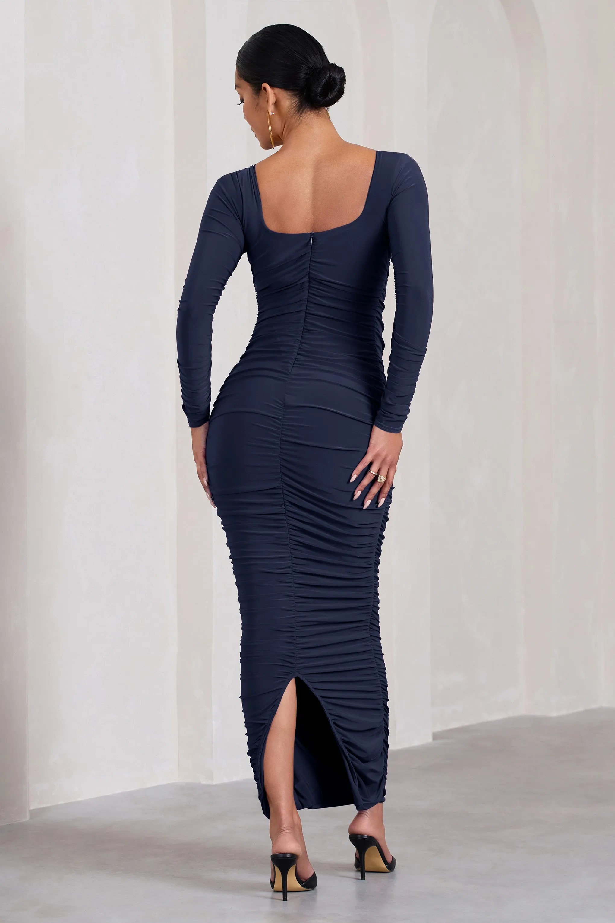 Prissie | Navy Ruched Square-Neck Long-Sleeve Maternity Maxi Dress