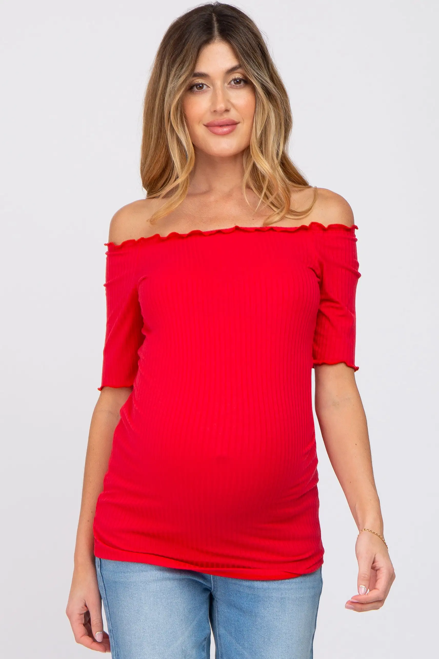 Red Off Shoulder Lettuce Hem Maternity Top