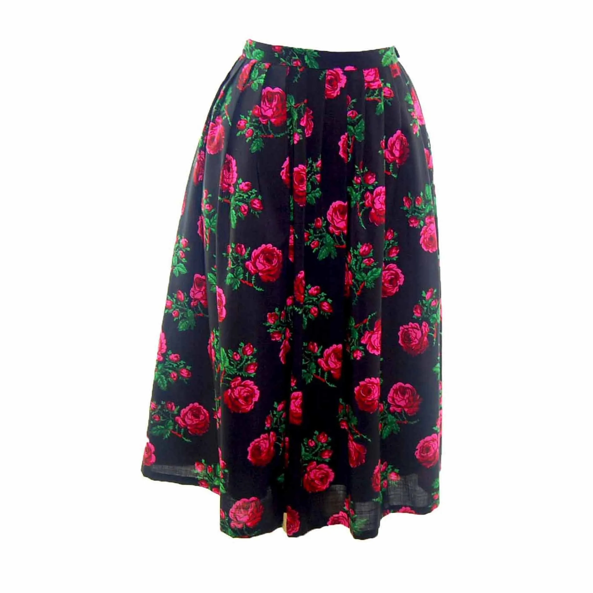 Red Rose Print Pleated Black 60s Skirt - 10