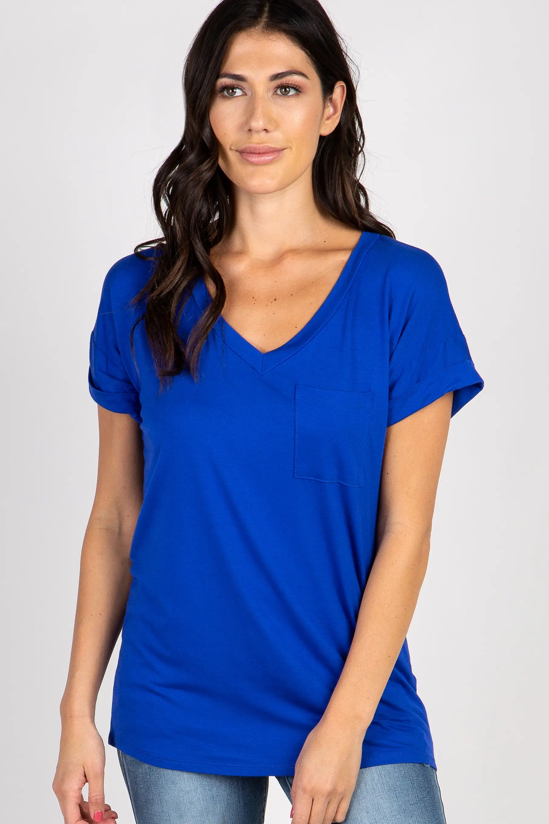 Royal Blue V-Neck Pocket Accent Maternity Top