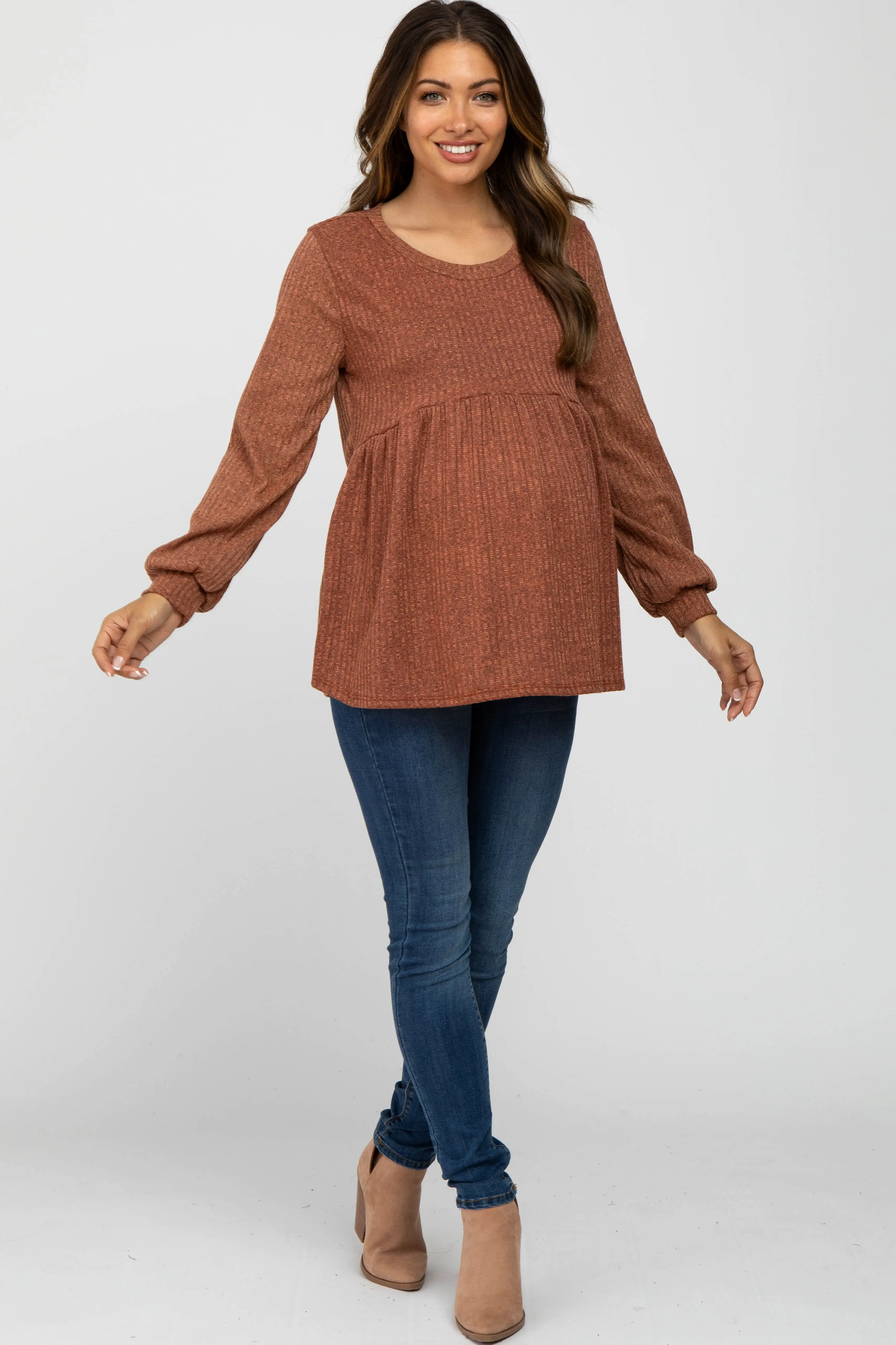 Rust Textured Knit Babydoll Long Sleeve Maternity Top