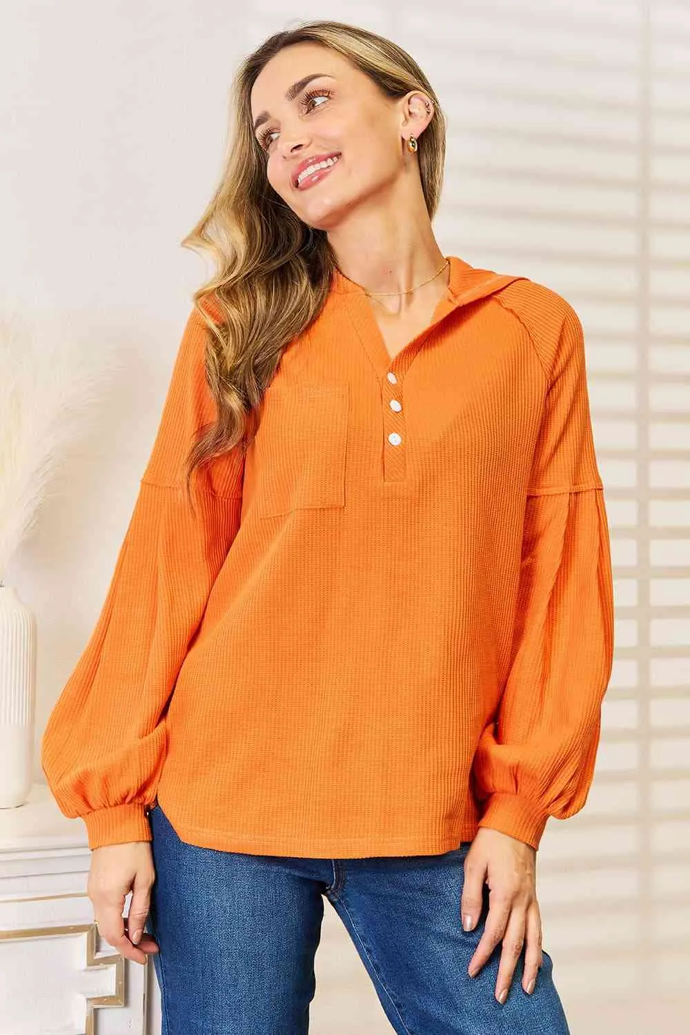 Side Slit Buttoned Waffle Knit Hoodie in Orange