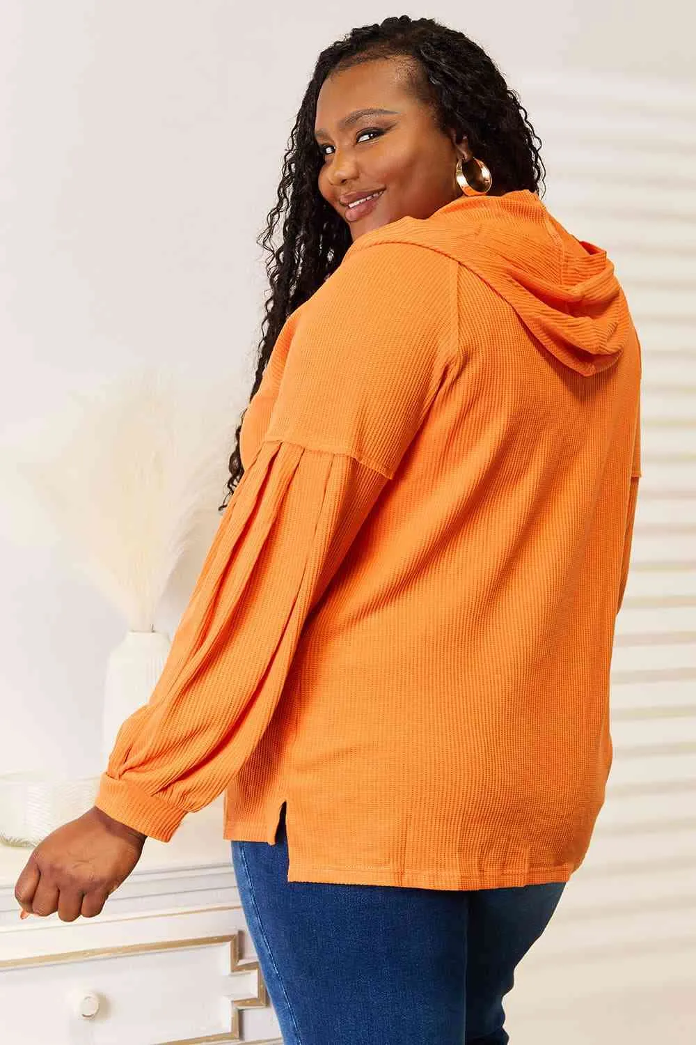 Side Slit Buttoned Waffle Knit Hoodie in Orange