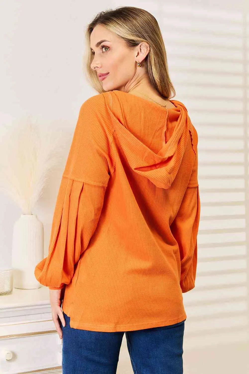 Side Slit Buttoned Waffle Knit Hoodie in Orange