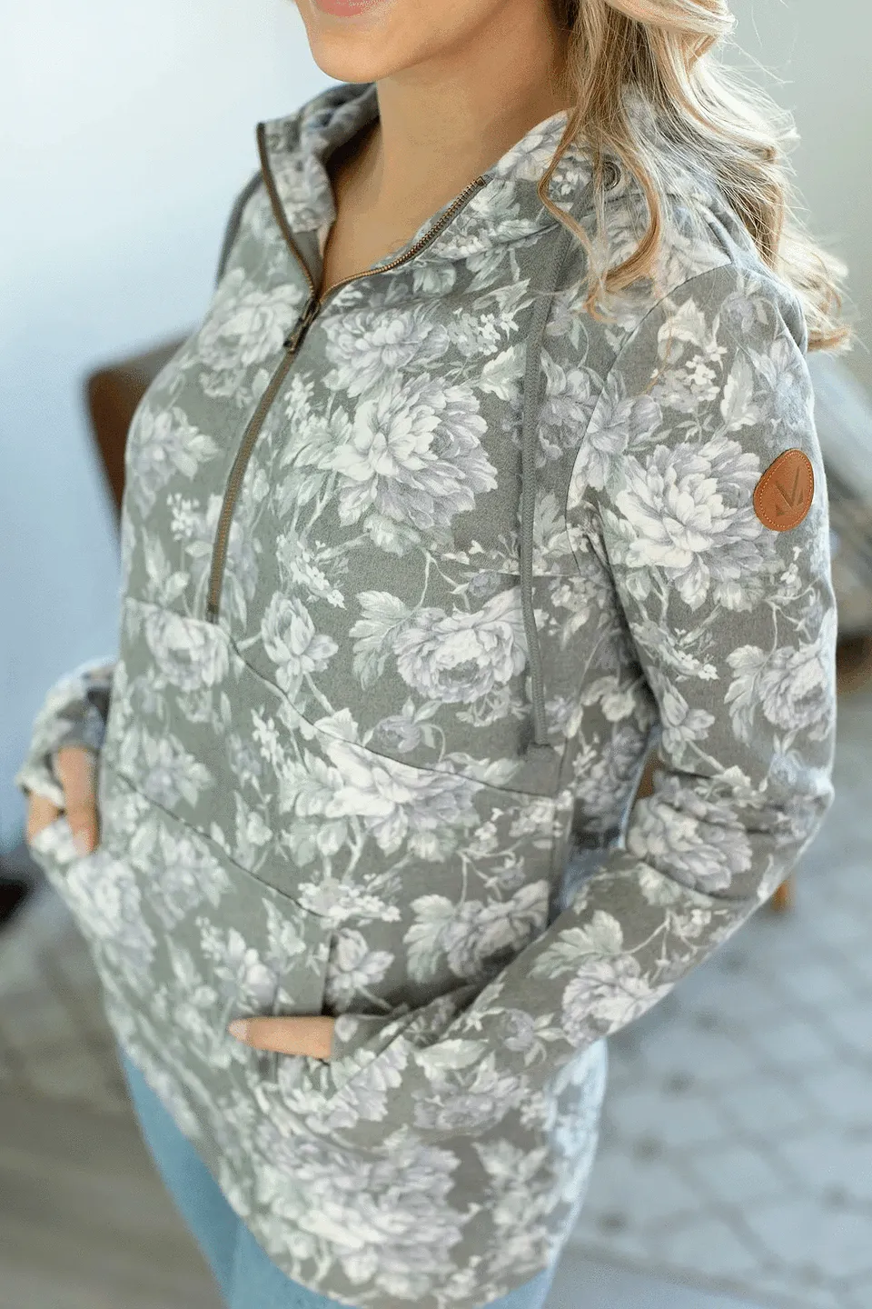 Spring Forward Half Zip Hoodie in Grey Floral