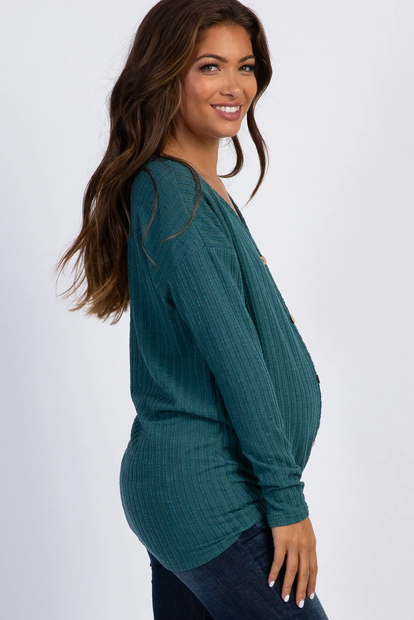 Teal Ribbed Knit Button Tie Front Maternity Top