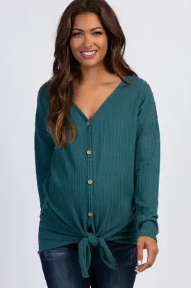 Teal Ribbed Knit Button Tie Front Maternity Top