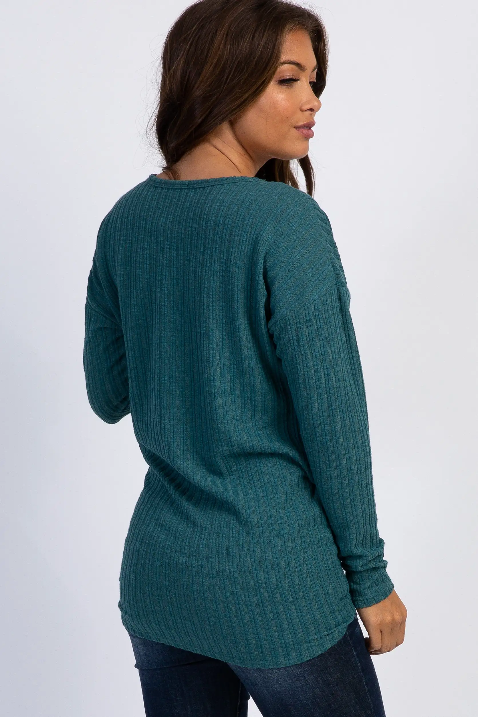 Teal Ribbed Knit Button Tie Front Maternity Top