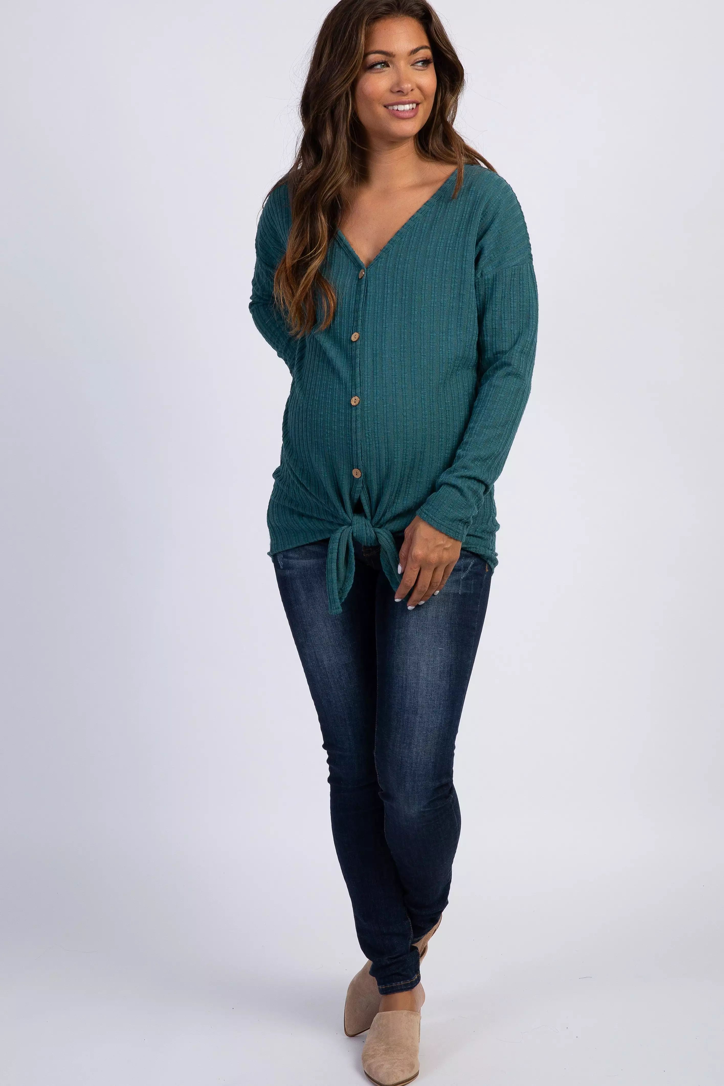 Teal Ribbed Knit Button Tie Front Maternity Top