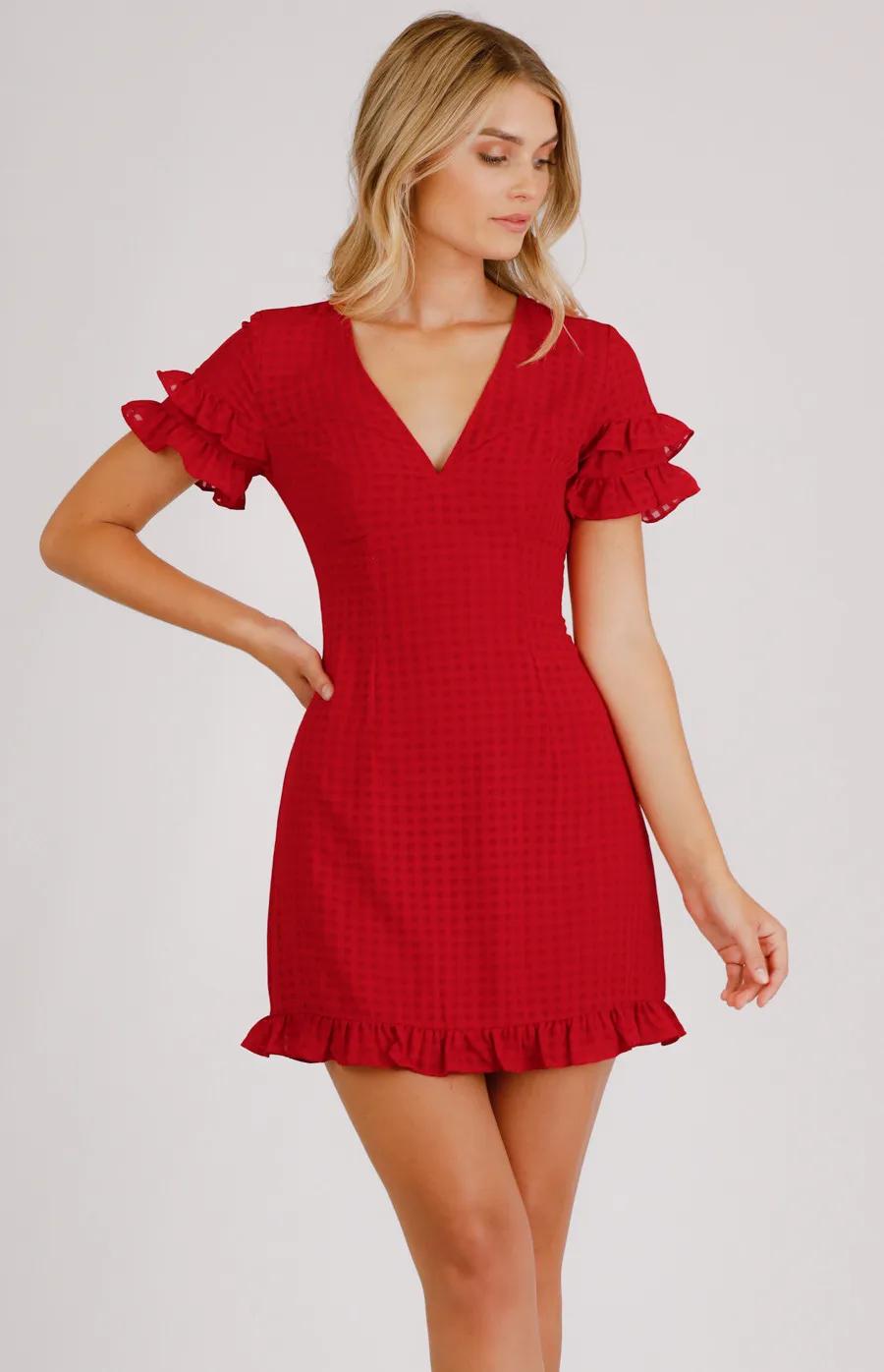 V-Neck Mini Dress With Ruffle Detail (SDR679A)