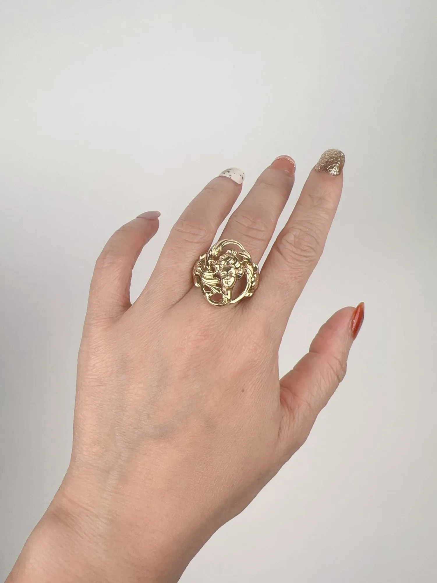 Vintage Jewelry Art Nouveau Floral Woman Ring 14K Gold 7g V1100