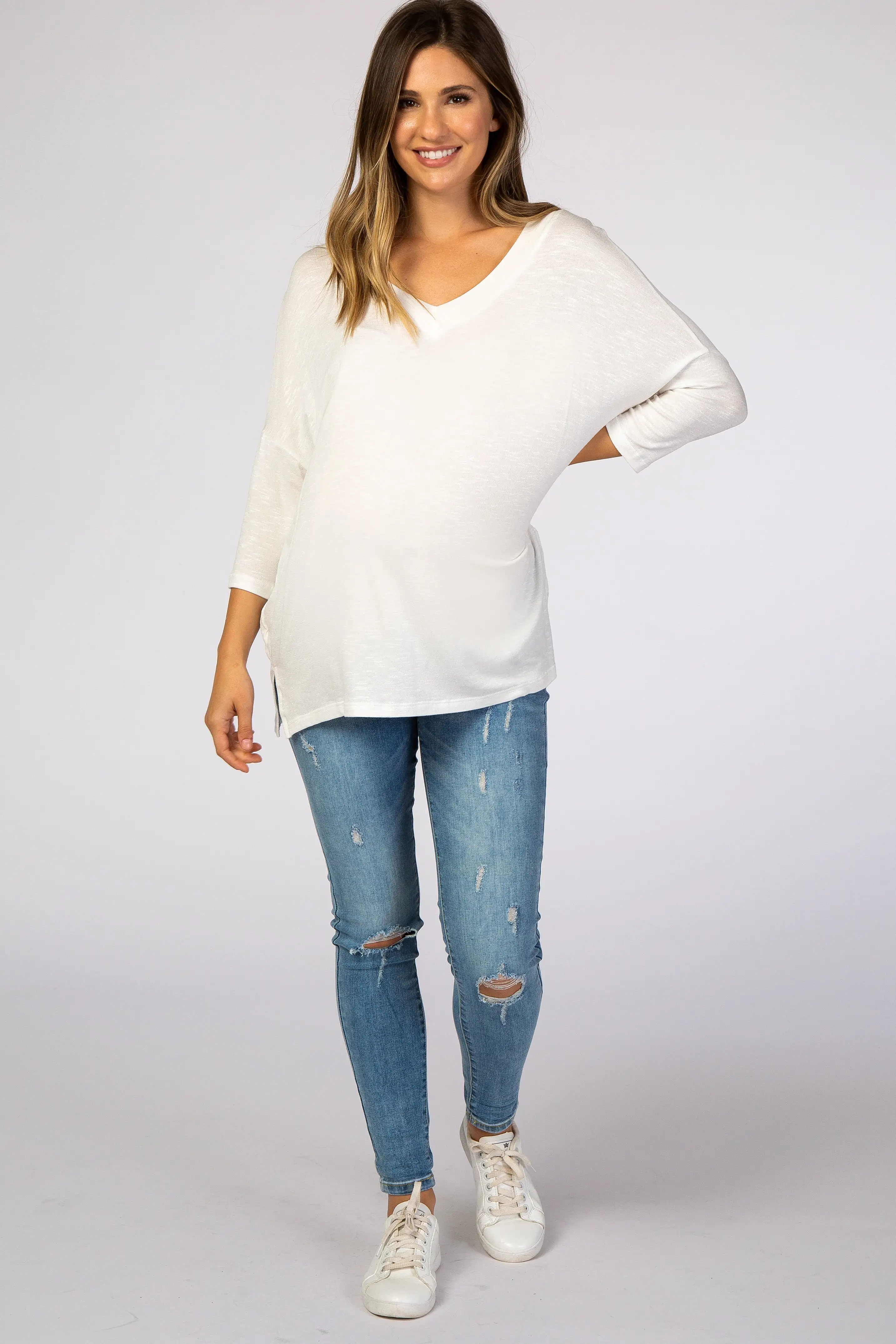 White V-Neck Dolman Sleeve Maternity Top