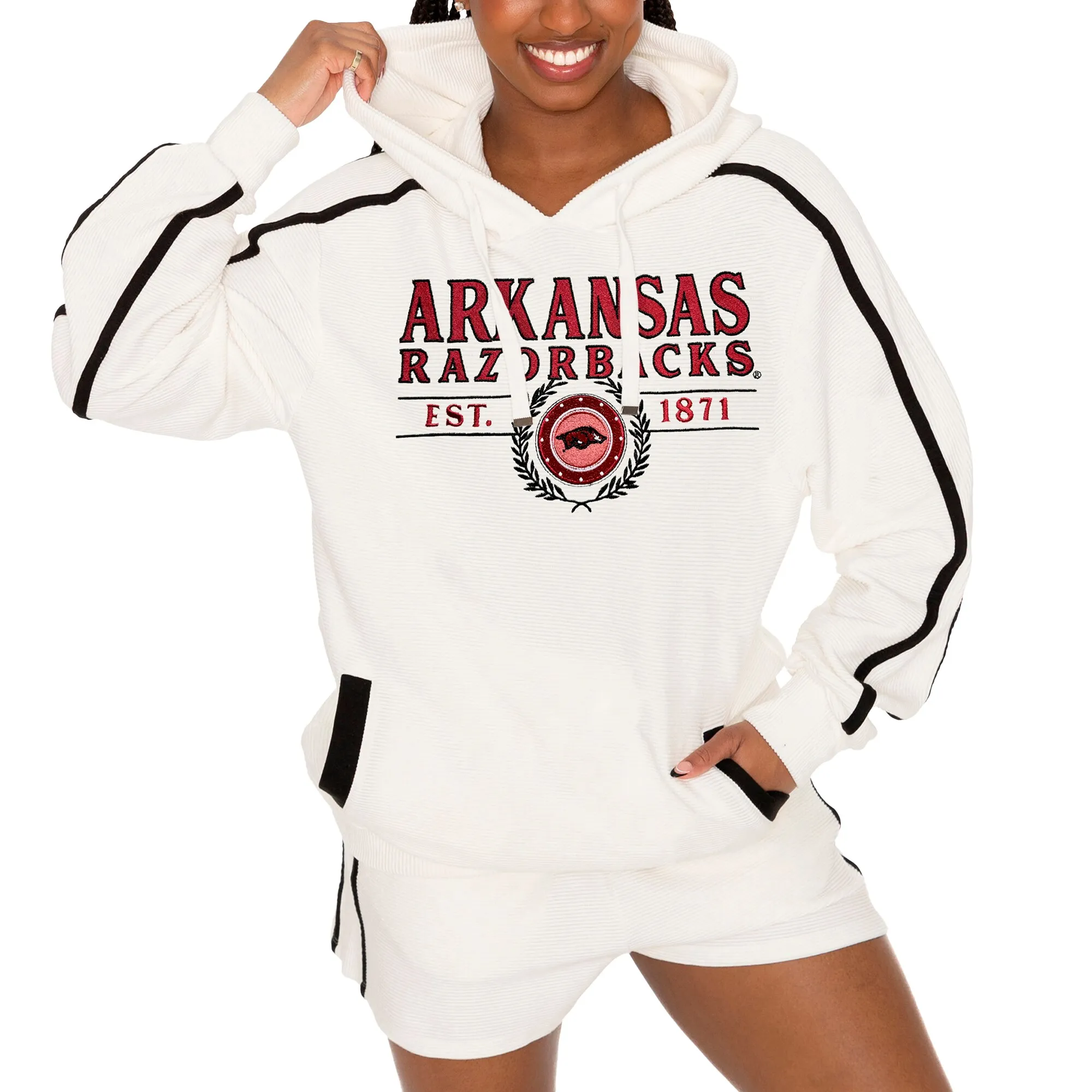 Women's Gameday Couture Cream Arkansas Razorbacks Down, Set, Go Pullover Hoodie and Shorts Set