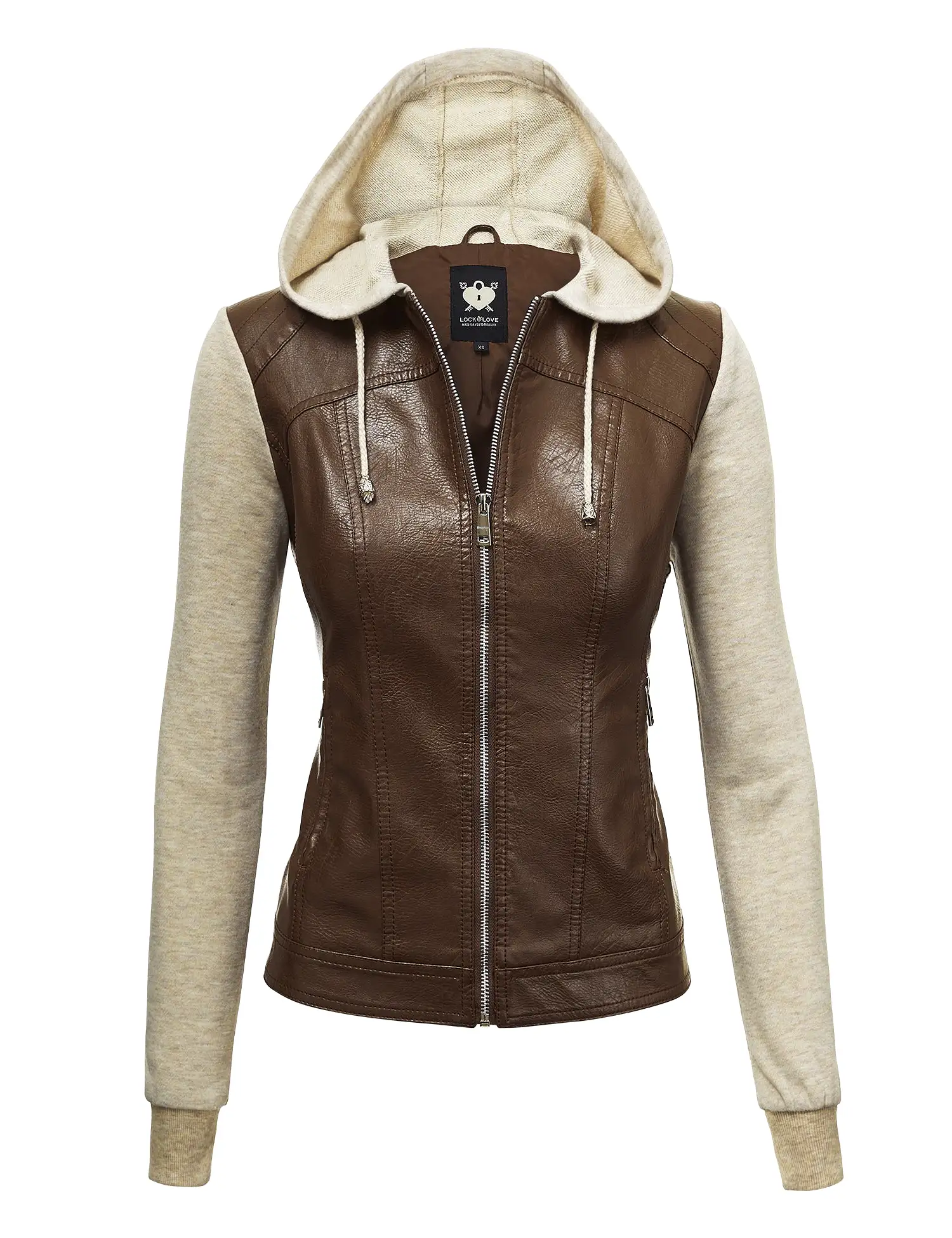 Womens Lock & Love Faux Leather Full Zip Hoodie Sweatshirt Jacket