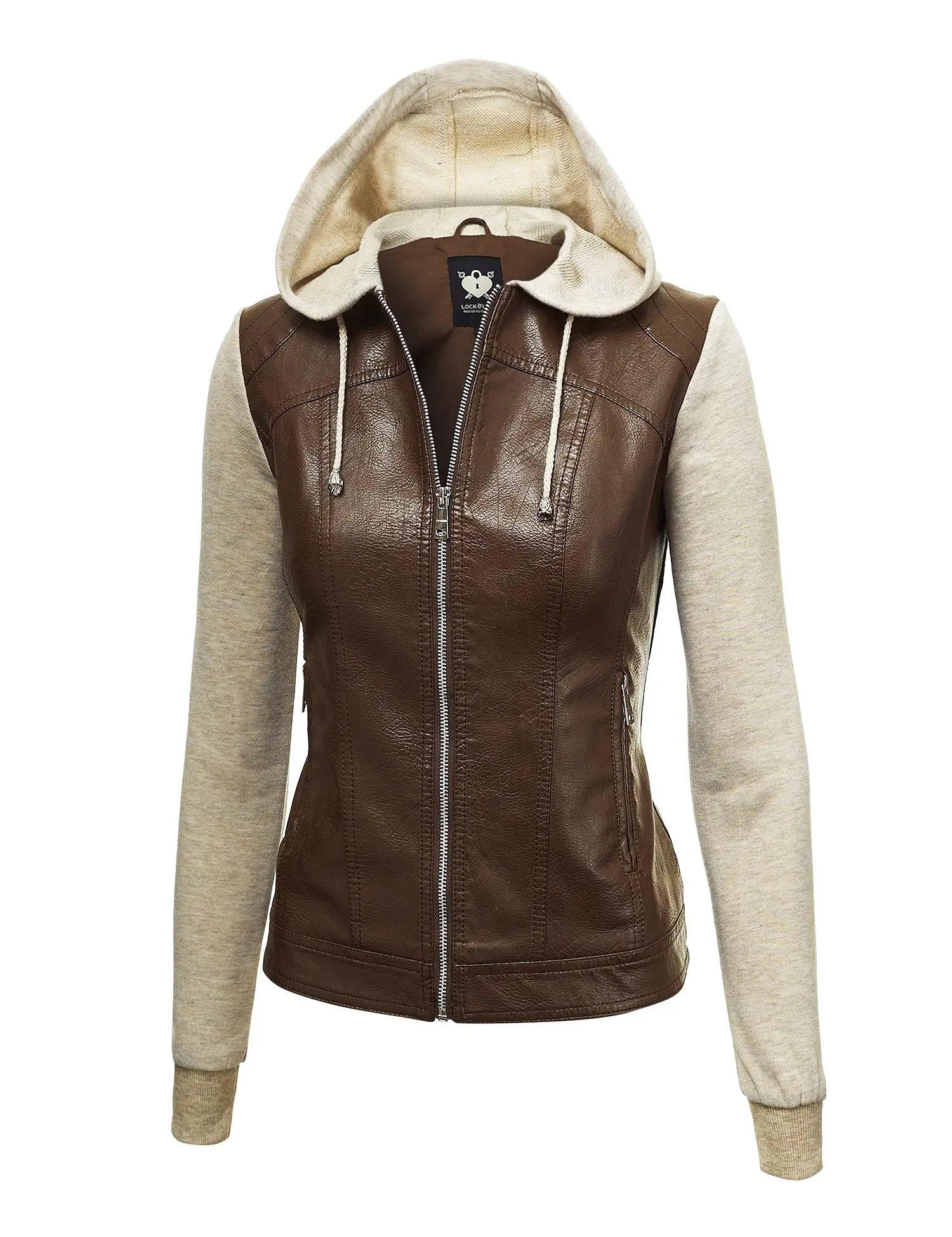 Womens Lock & Love Faux Leather Full Zip Hoodie Sweatshirt Jacket