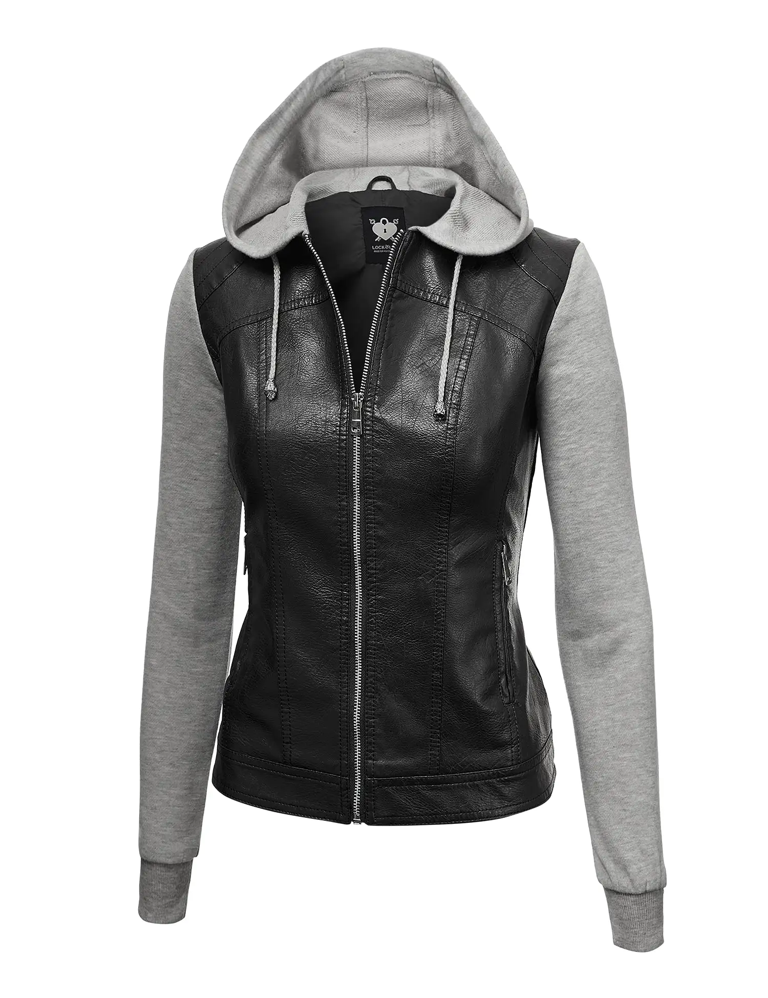 Womens Lock & Love Faux Leather Full Zip Hoodie Sweatshirt Jacket