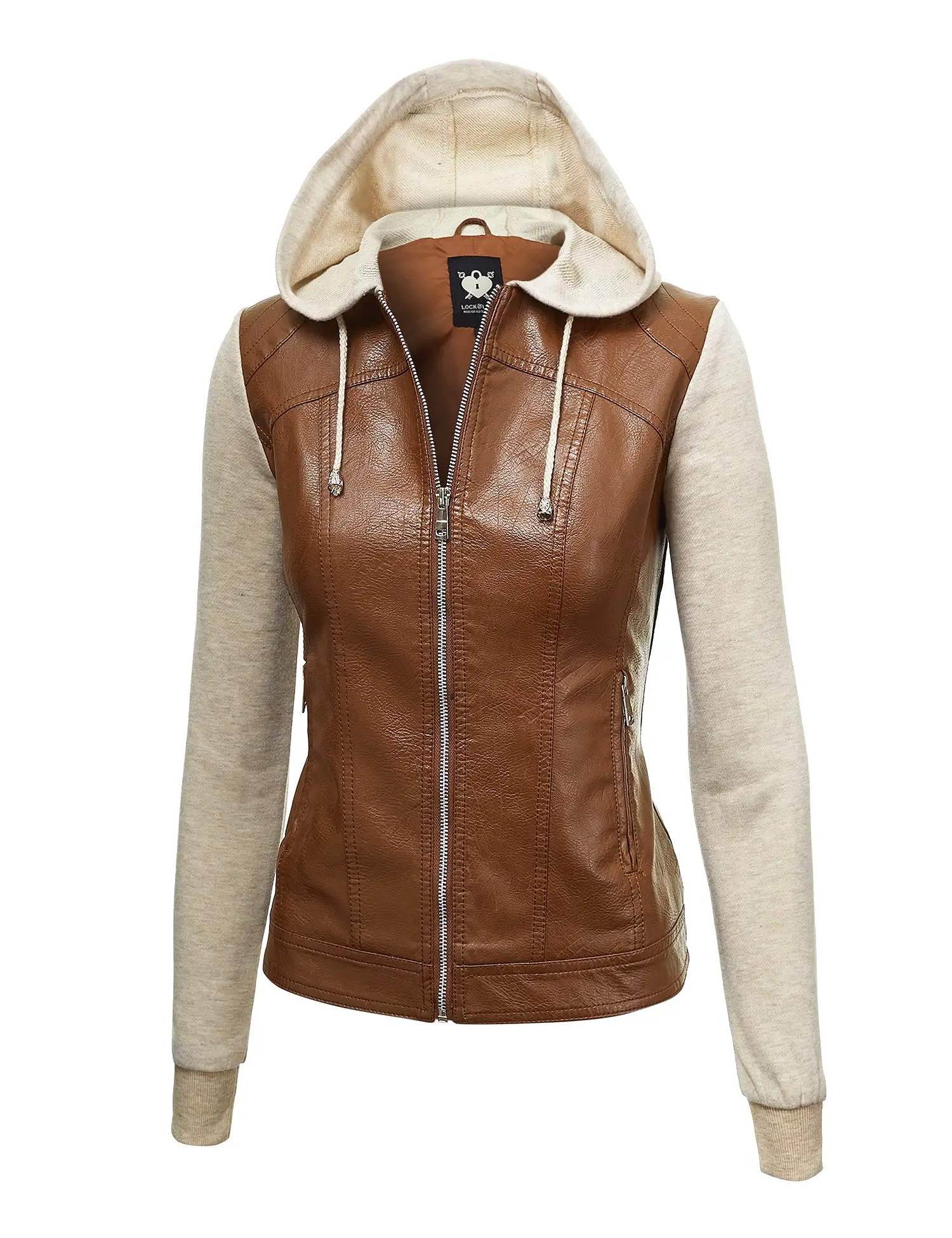 Womens Lock & Love Faux Leather Full Zip Hoodie Sweatshirt Jacket