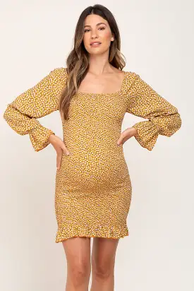 Yellow Ditsy Floral Smocked Long Sleeve Maternity Mini Dress