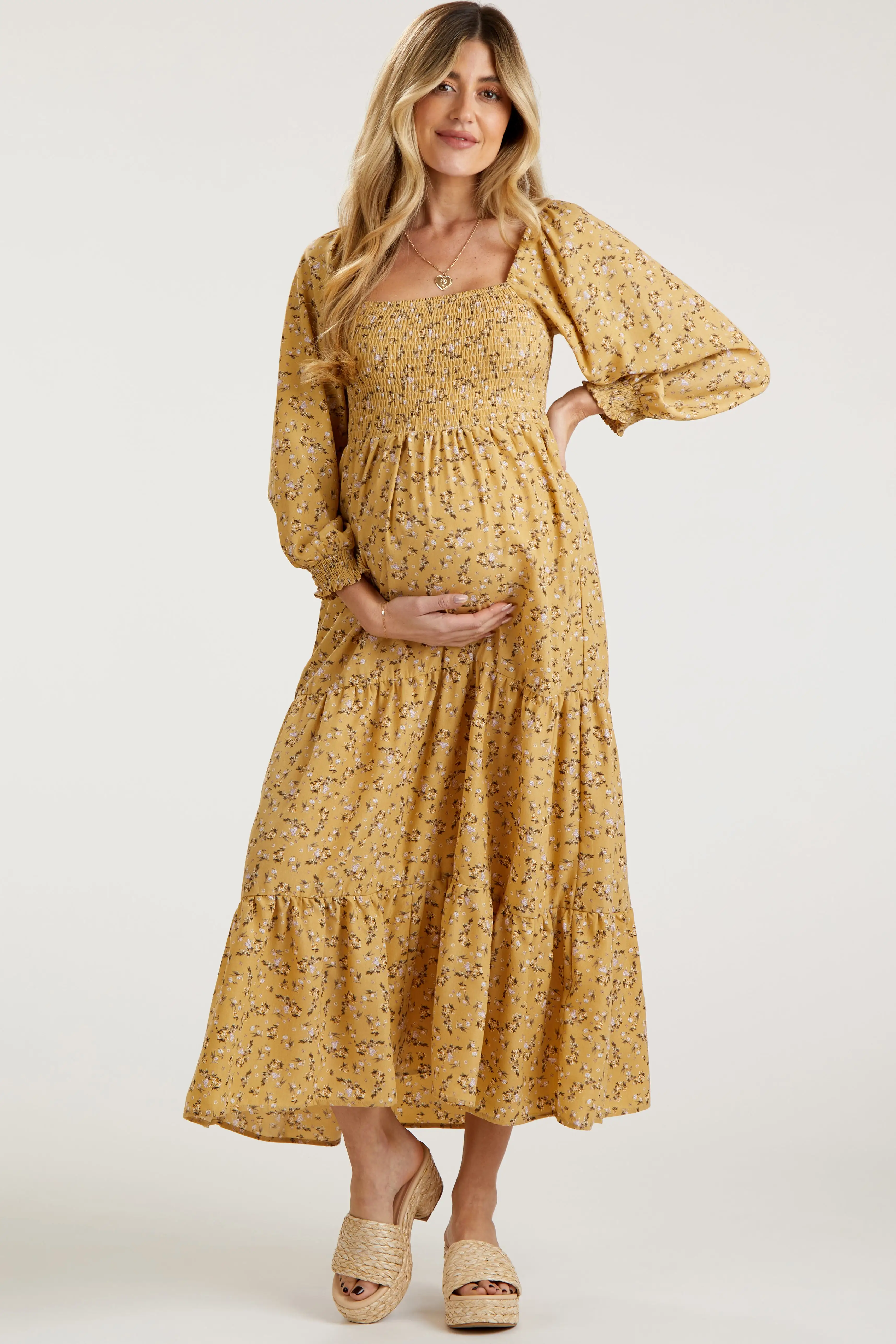 Yellow Floral Smocked Long Sleeve Maternity Maxi Dress