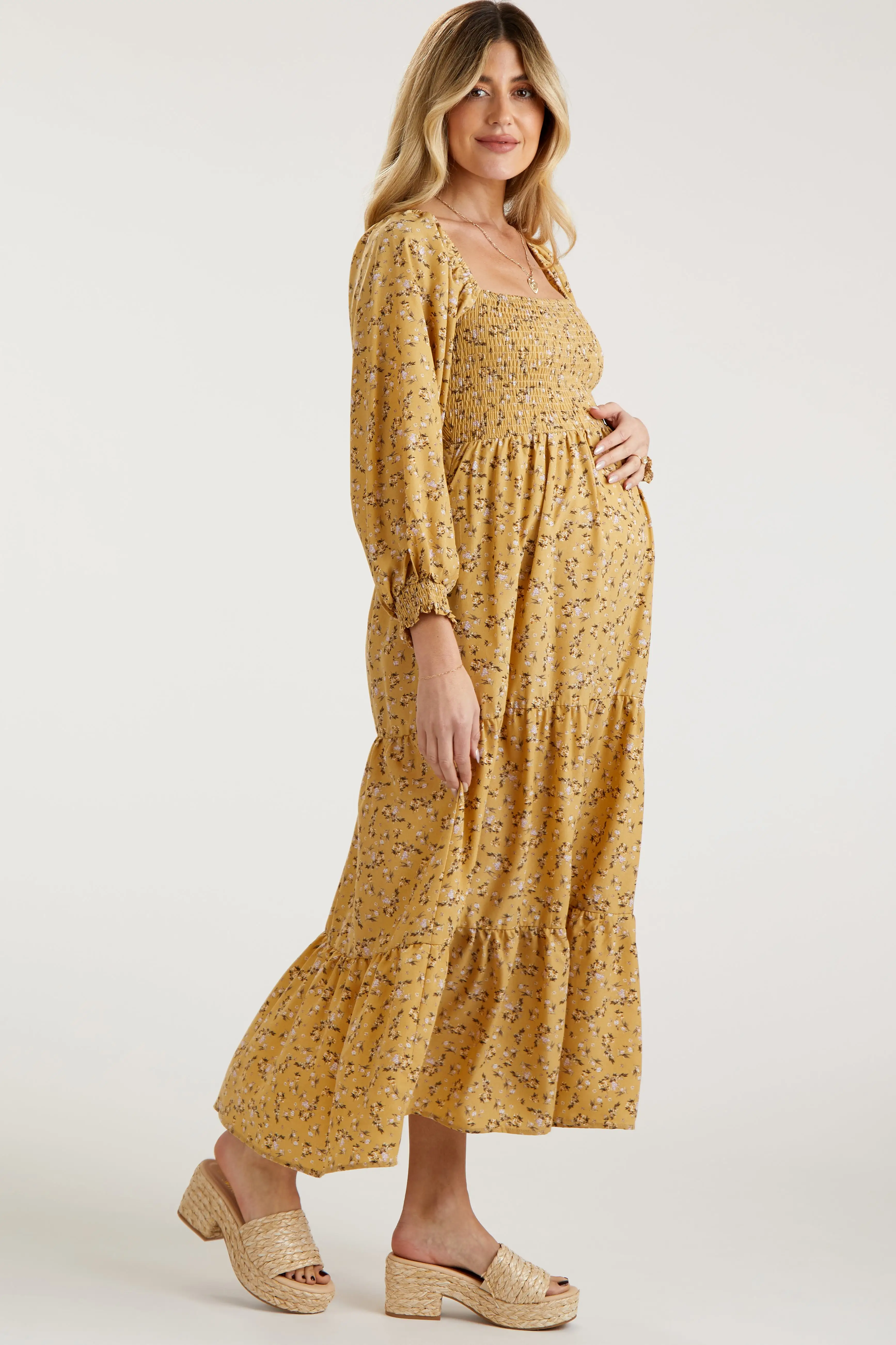 Yellow Floral Smocked Long Sleeve Maternity Maxi Dress