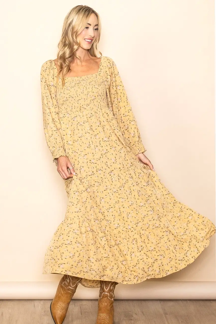 Yellow Floral Smocked Long Sleeve Maternity Maxi Dress